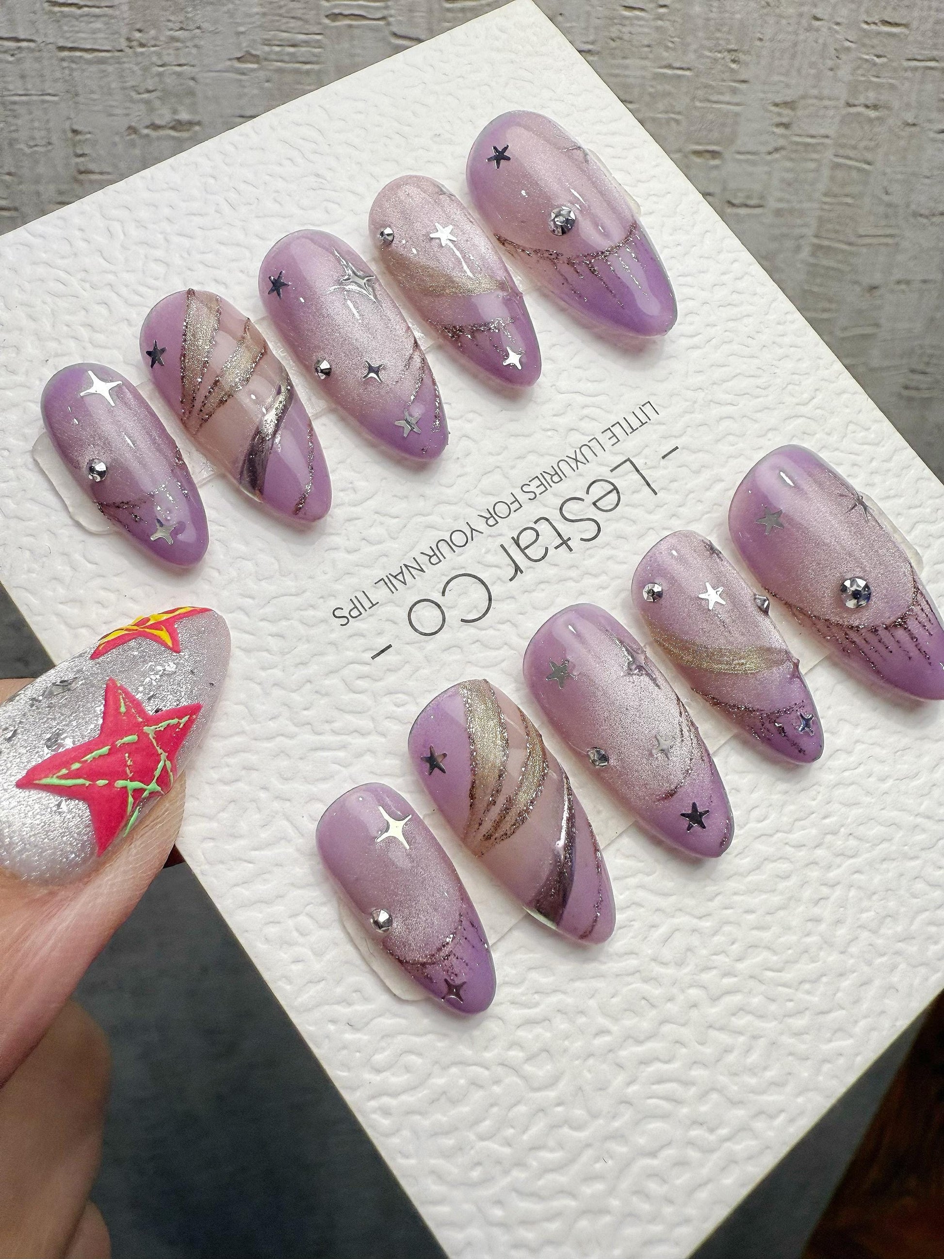 Reusable Lavender Stardust Trails | Handmade Press On Gel Acrylic Nails | 4for3 Timed Offer