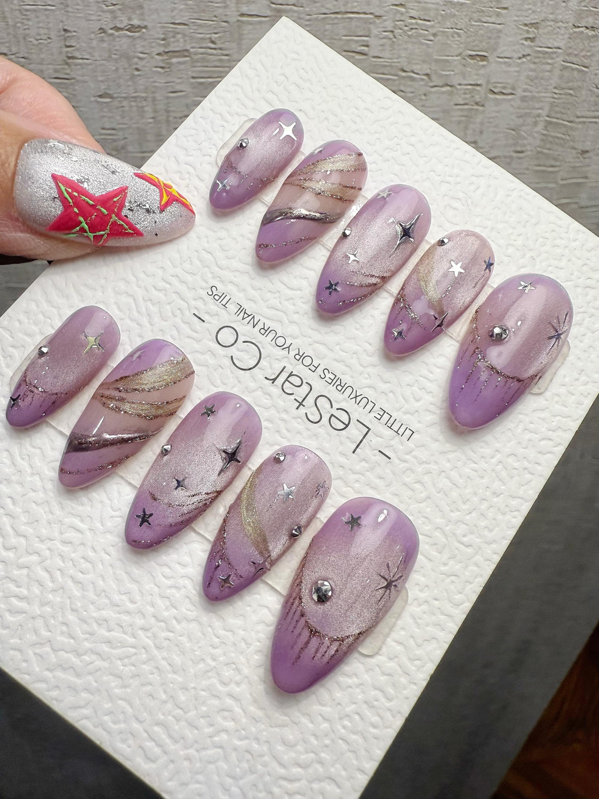 Reusable Lavender Stardust Trails | Handmade Press On Gel Acrylic Nails | 4for3 Timed Offer