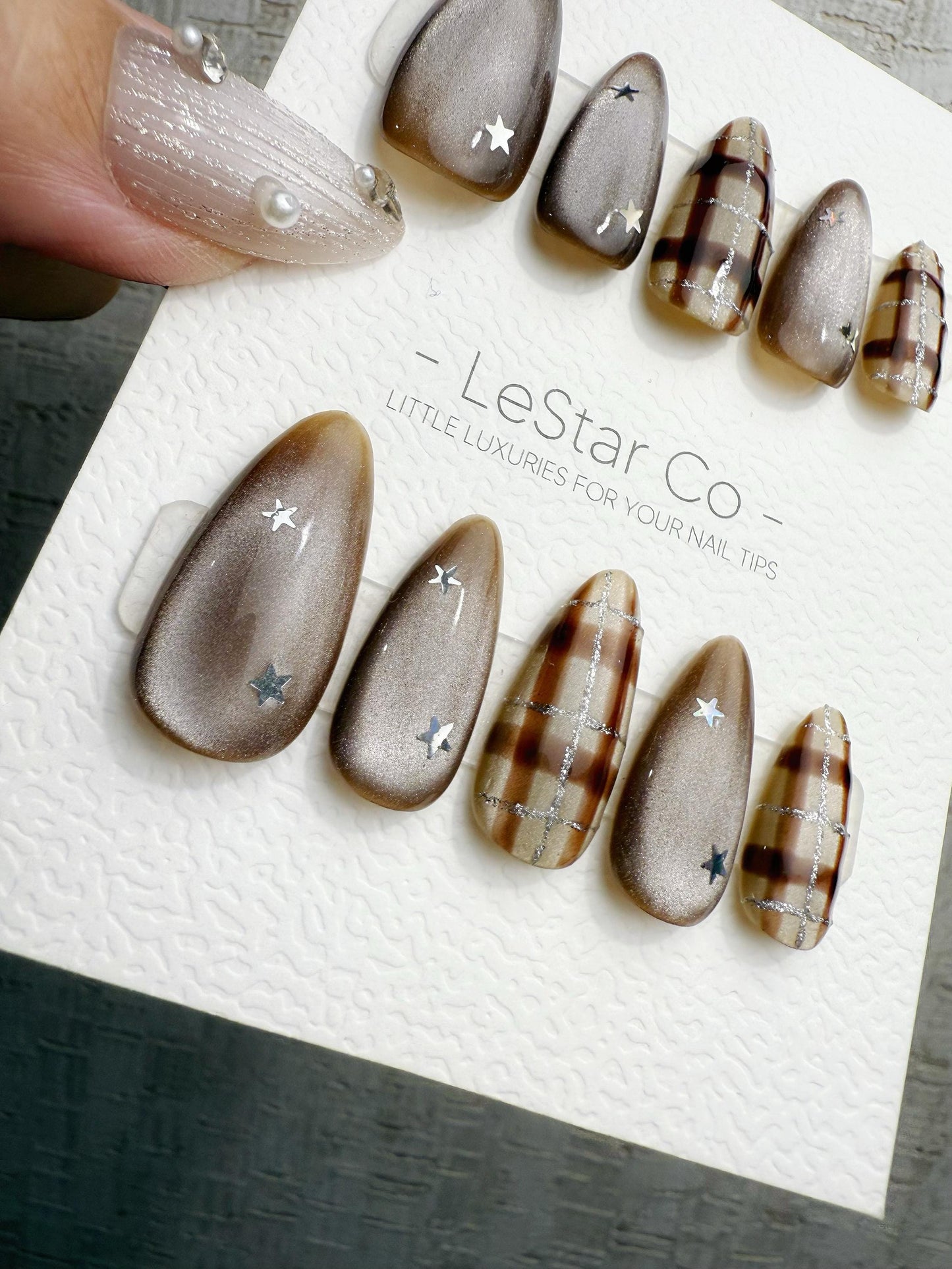 Reusable Mocha Brown Cat Eye Star | Handmade Press On Gel Nails | 4for3 Timed Offer