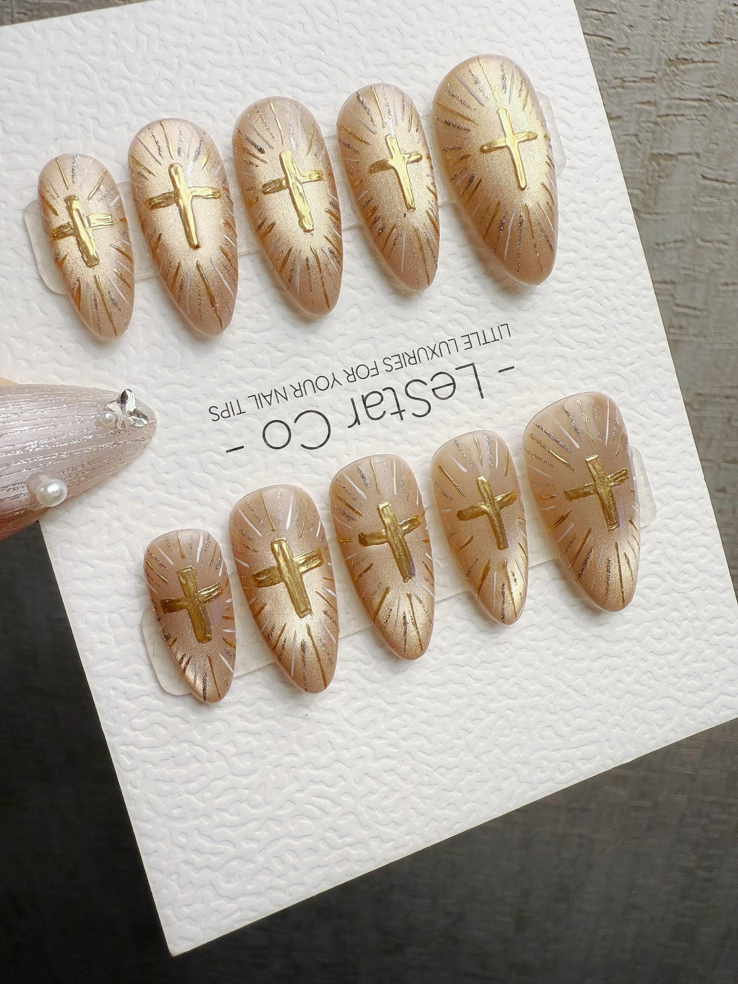 Reusable Gold Cat Eye Gold Cross | Handmade Press On Gel Nails | 4for3 Timed Offer