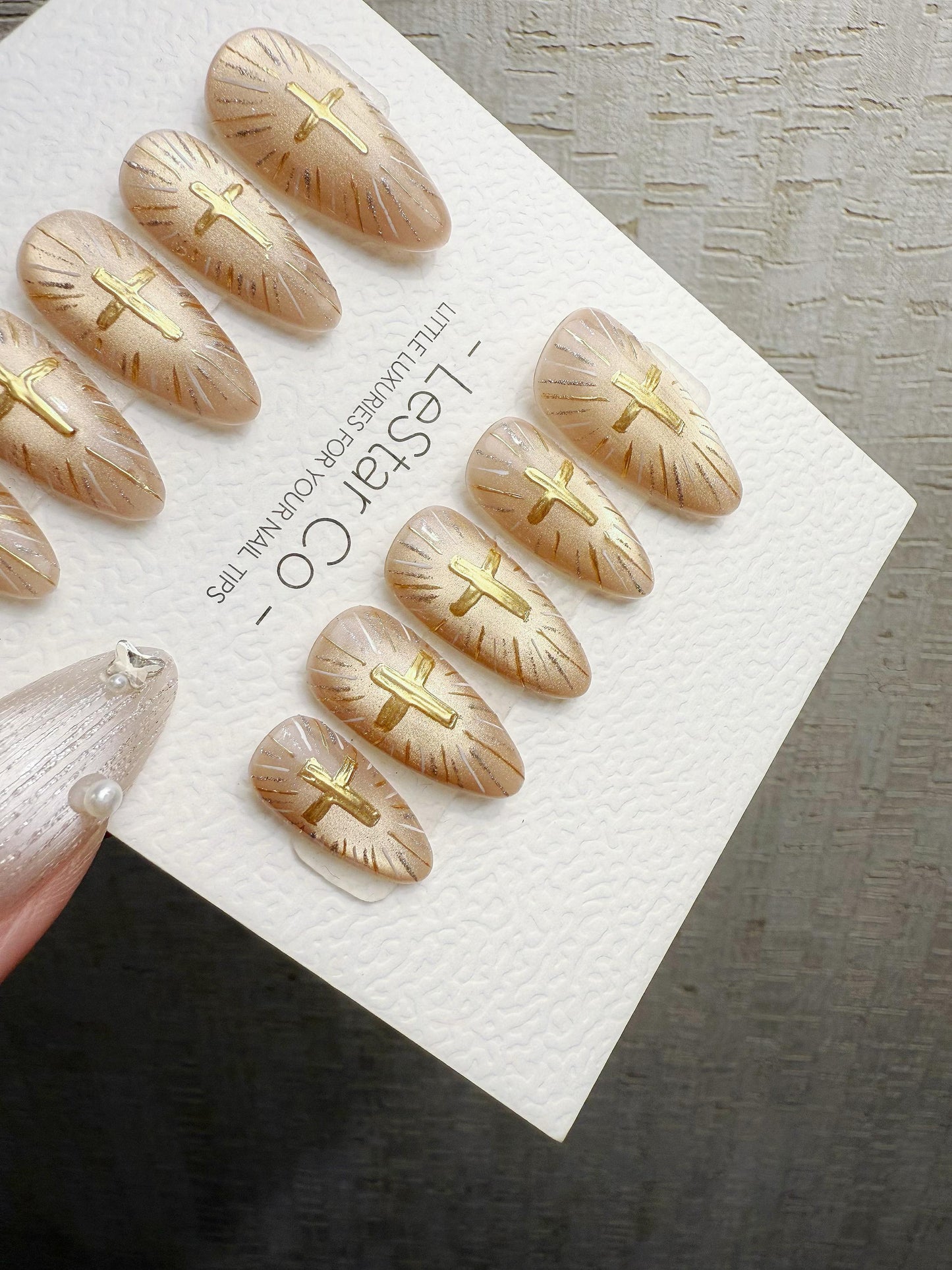 Reusable Gold Cat Eye Gold Cross | Handmade Press On Gel Nails | 4for3 Timed Offer