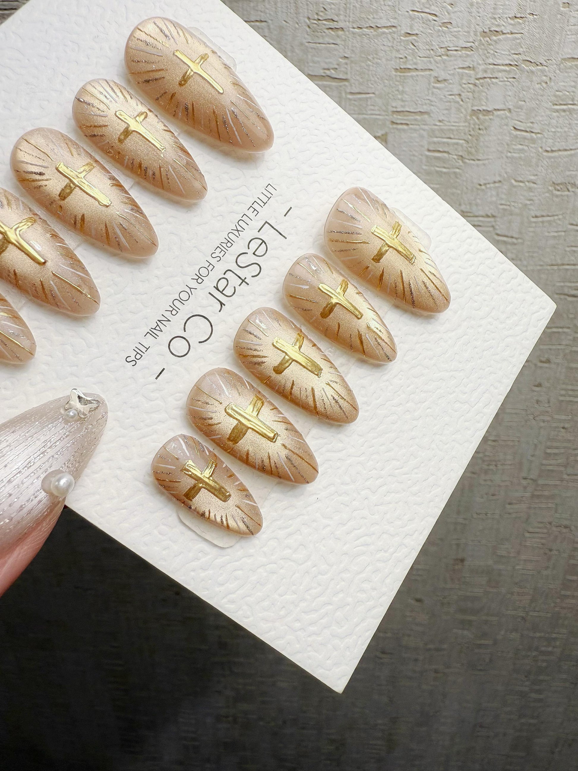 Reusable Gold Cat Eye Gold Cross | Handmade Press On Gel Nails | 4for3 Timed Offer
