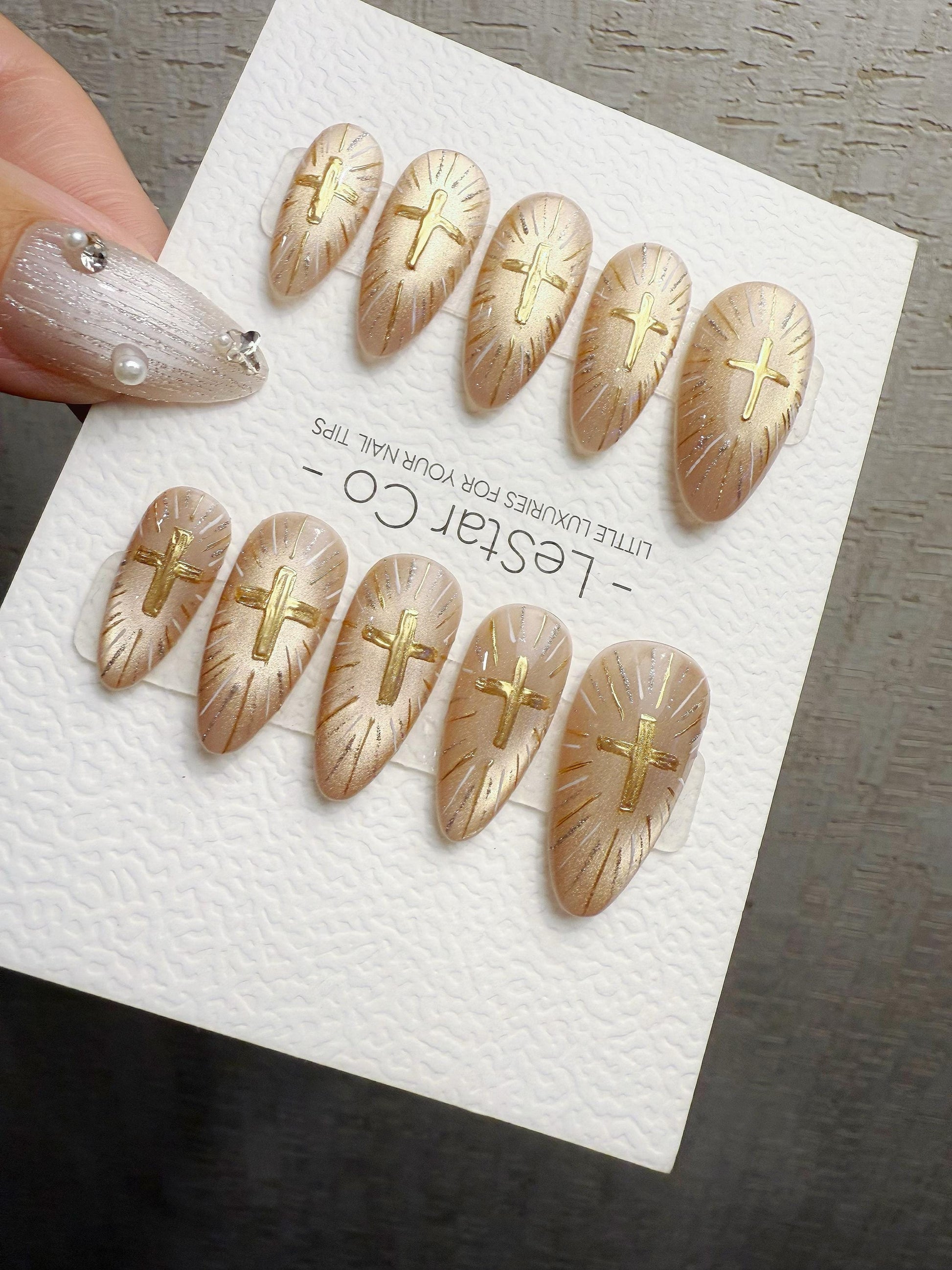 Reusable Gold Cat Eye Gold Cross | Handmade Press On Gel Nails | 4for3 Timed Offer