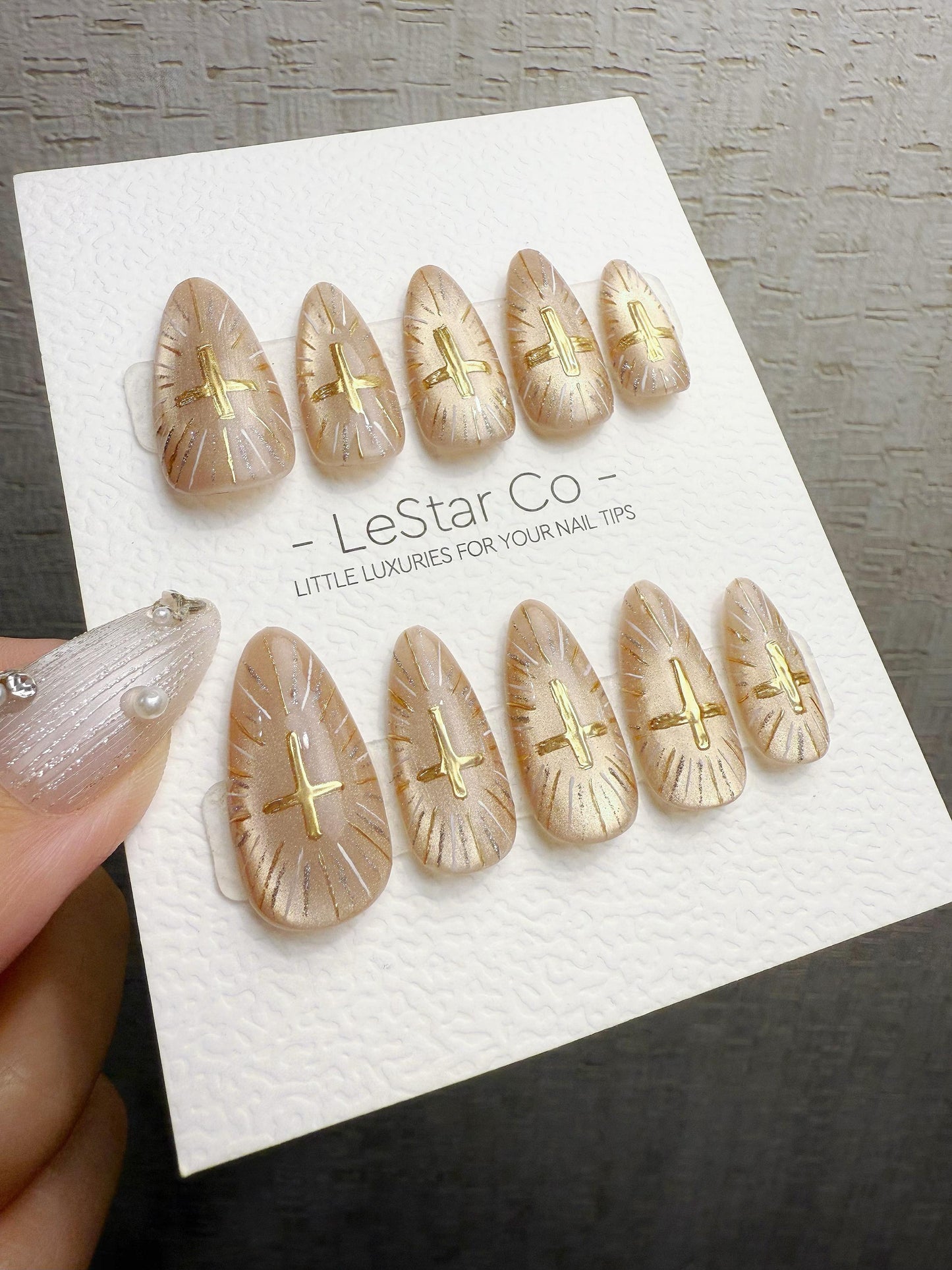 Reusable Gold Cat Eye Gold Cross | Handmade Press On Gel Nails | 4for3 Timed Offer
