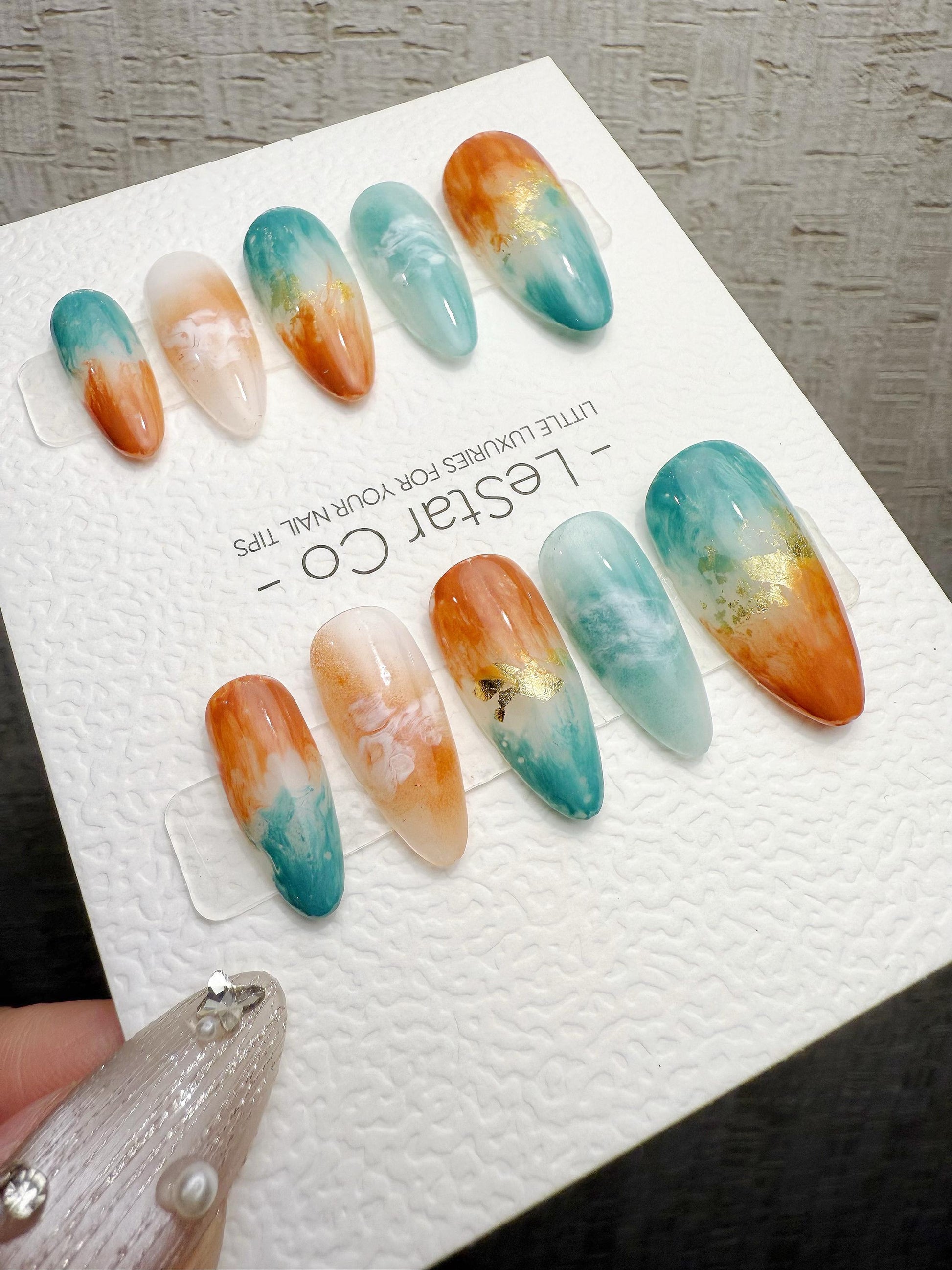 Reusable Sunset Reef Waves | Handmade Press On Gel Acrylic Nails | 4for3 Timed Offer
