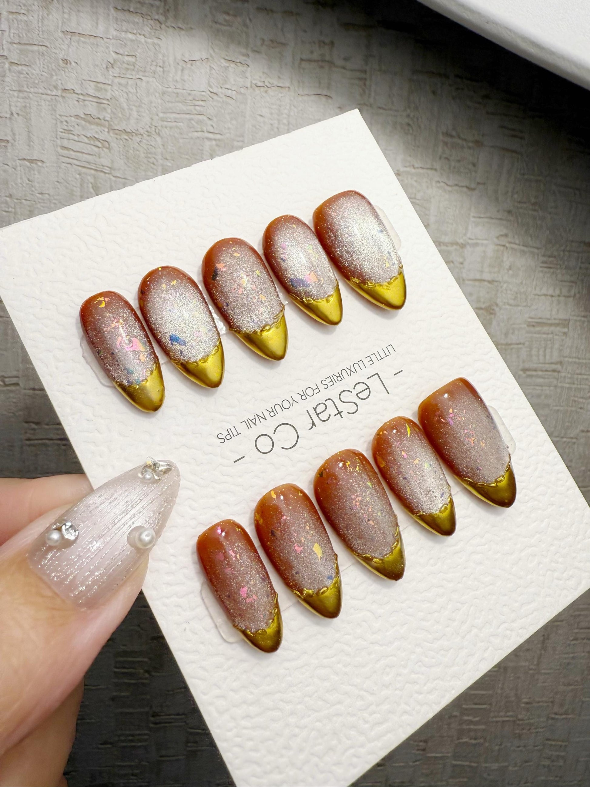 Reusable Golden Velvet Twilight Cat Eye | Handmade Press On Gel Nails | 4for3 Timed Offer