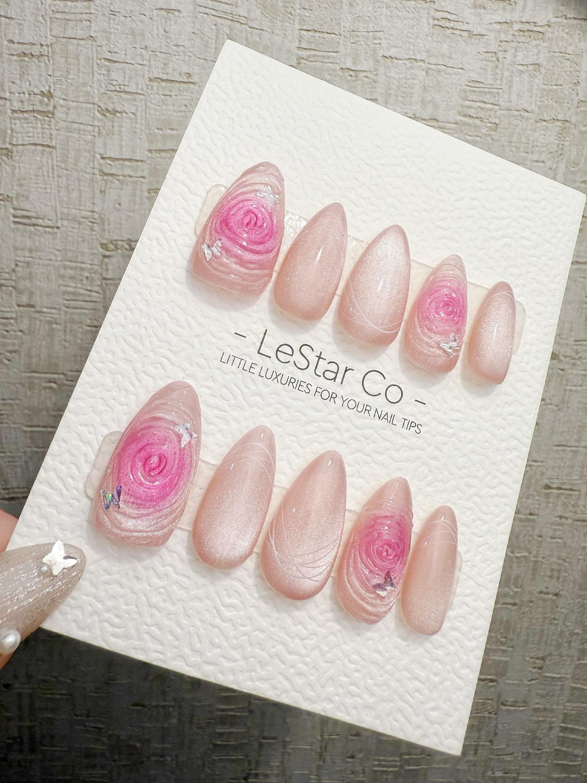 Reusable Pink Whirl Rose Cat Eye | Handmade Press On Gel Nails | 4for3 Timed Offer