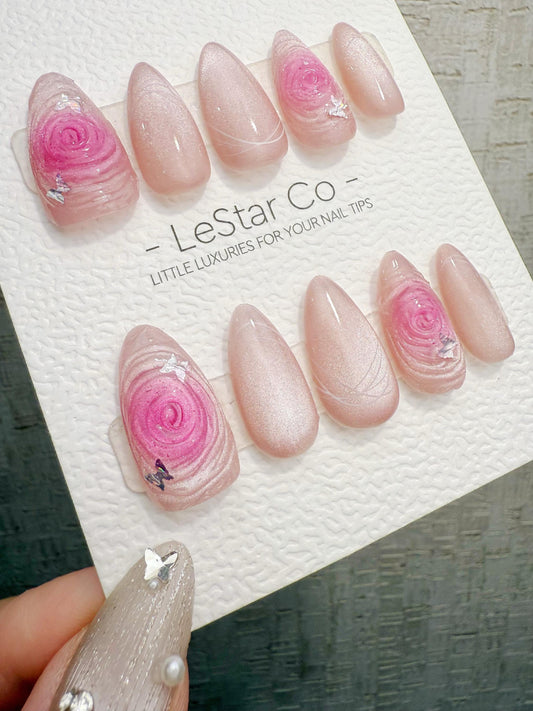 Reusable Pink Whirl Rose Cat Eye | Handmade Press On Gel Nails | 4for3 Timed Offer