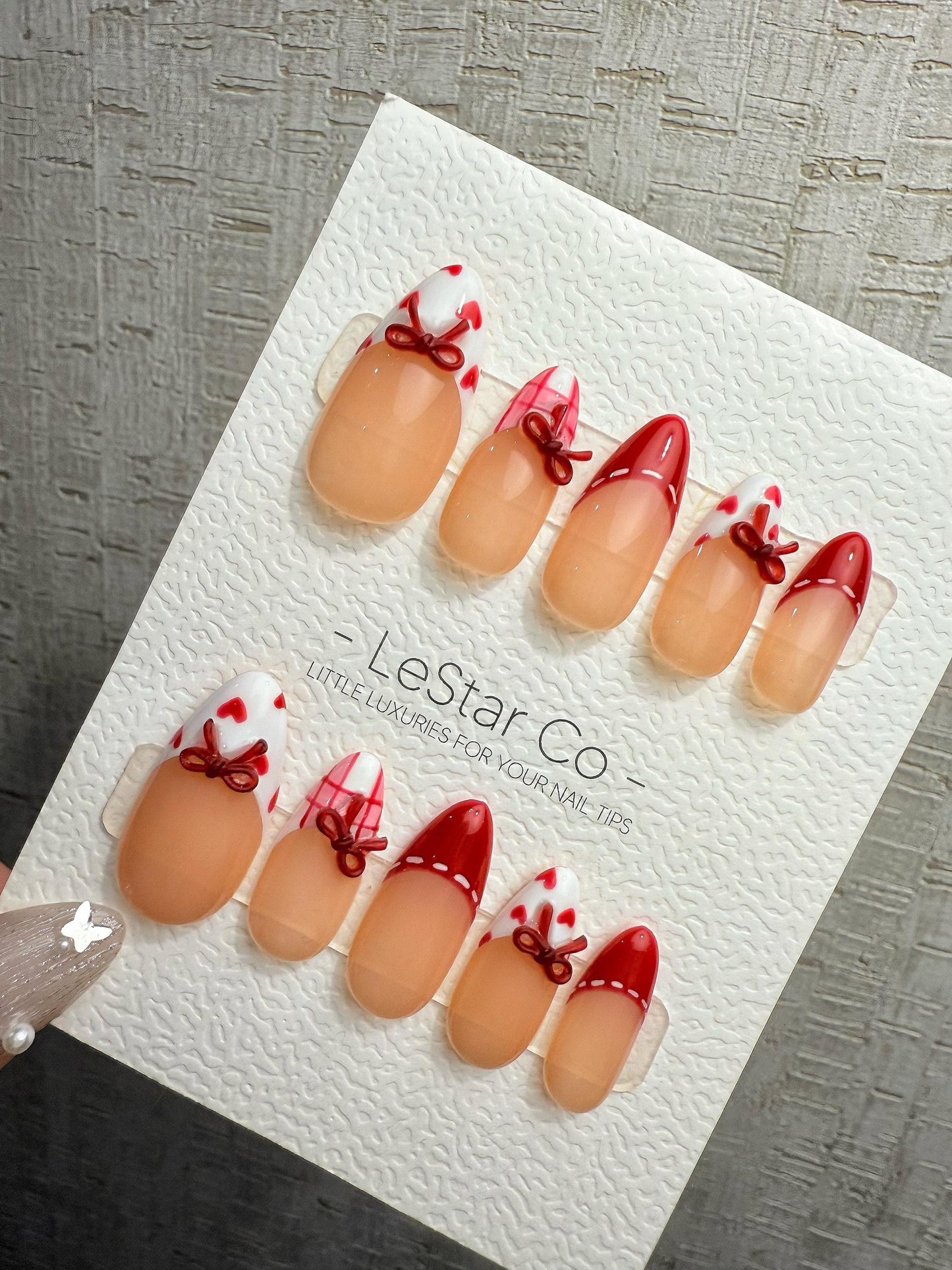 Reusable Valentine Bow French Tip | Handmade Press On Gel Acrylic Nails | 4for3 Timed Offer