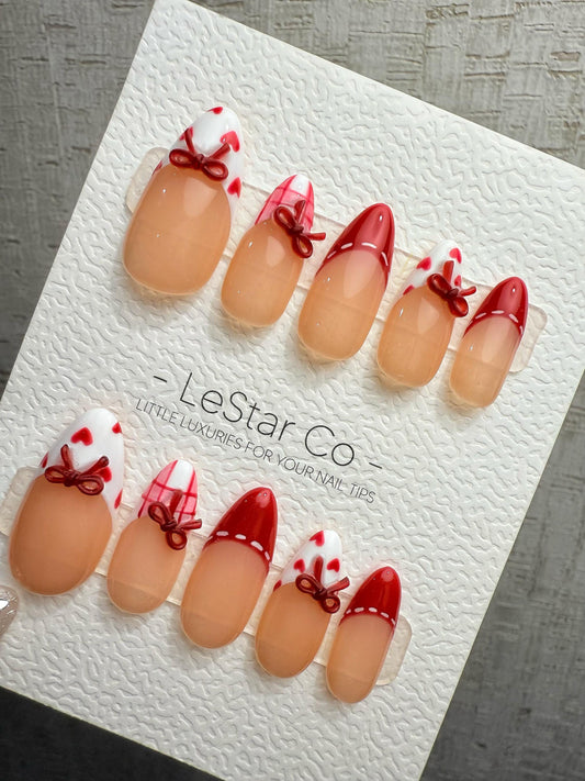 Reusable Valentine Bow French Tip | Handmade Press On Gel Acrylic Nails | 4for3 Timed Offer