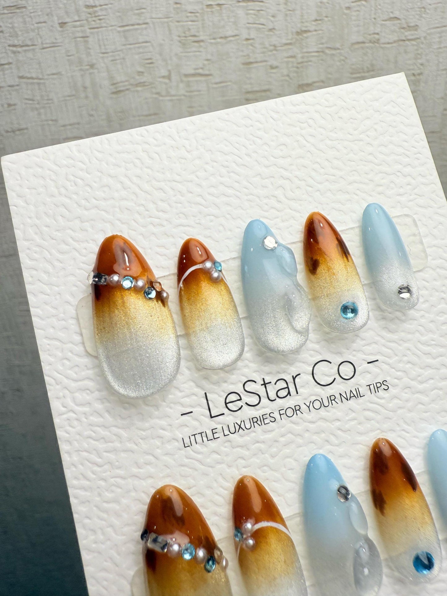 Reusable Blue Amber Tide | Handmade Press On Gel Acrylic Nails | 4for3 Timed Offer