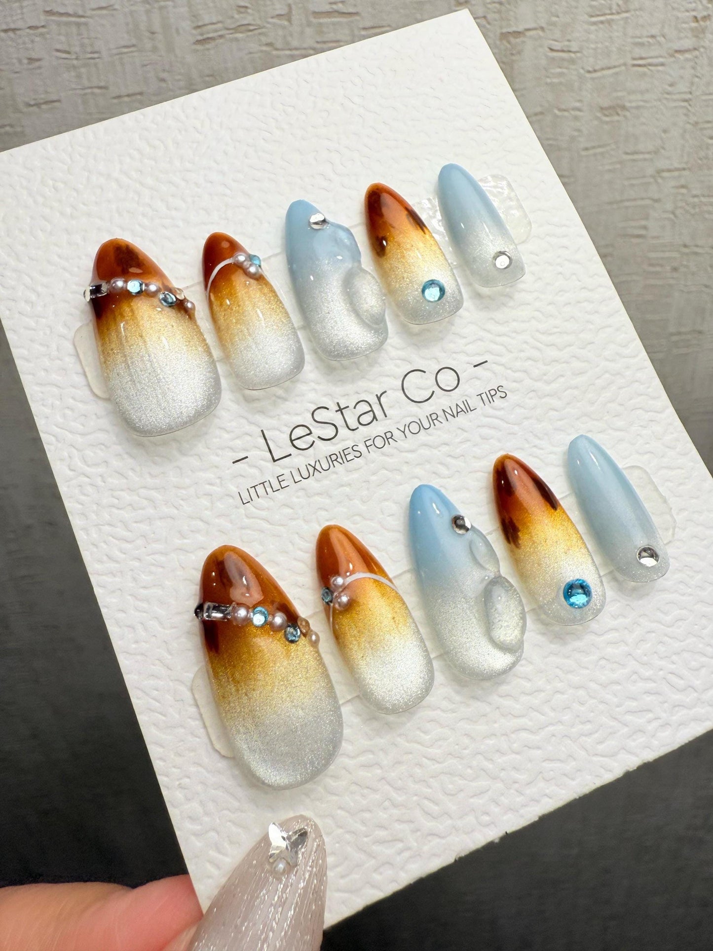 Reusable Blue Amber Tide | Handmade Press On Gel Acrylic Nails | 4for3 Timed Offer