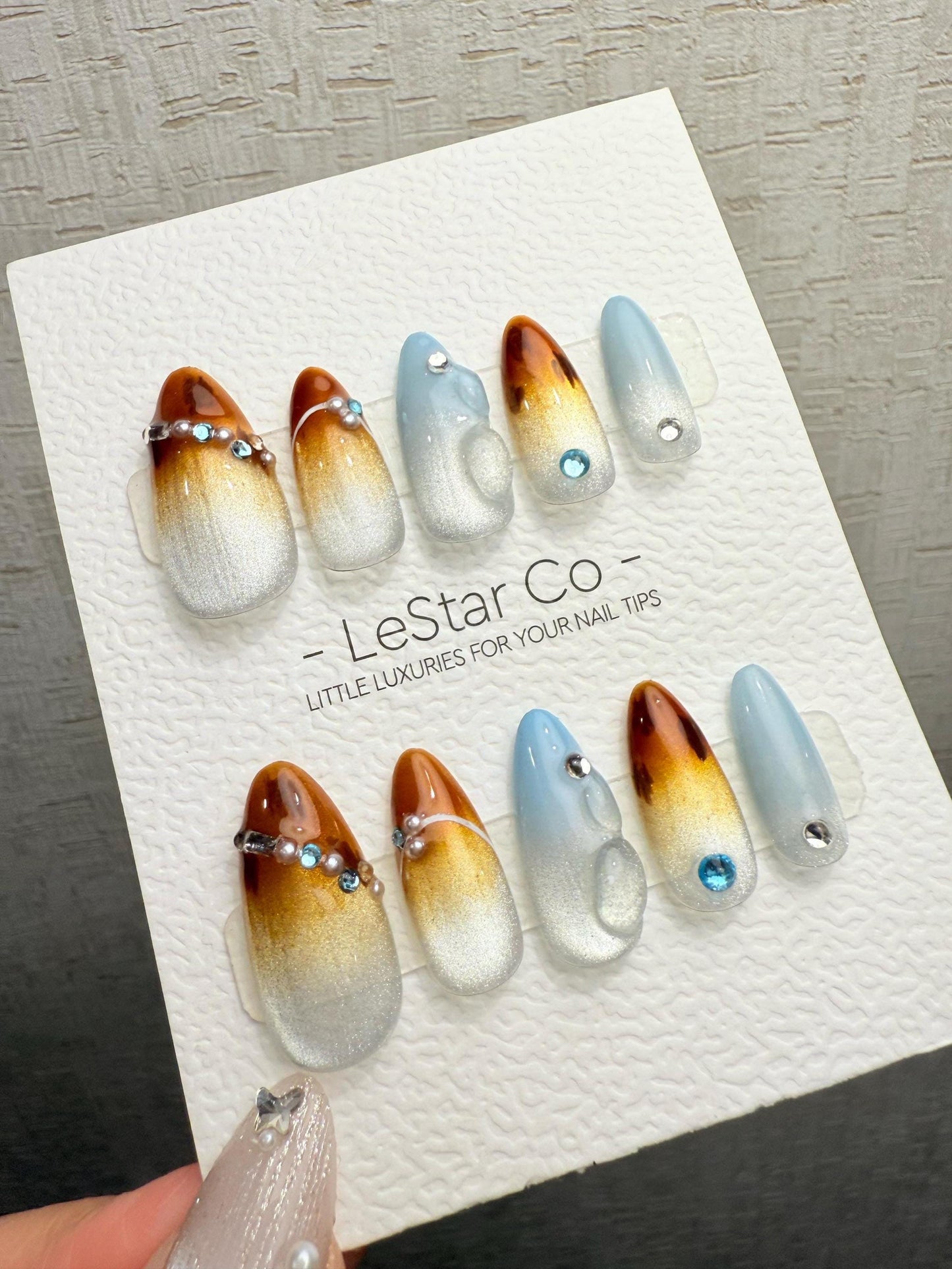 Reusable Blue Amber Tide | Handmade Press On Gel Acrylic Nails | 4for3 Timed Offer