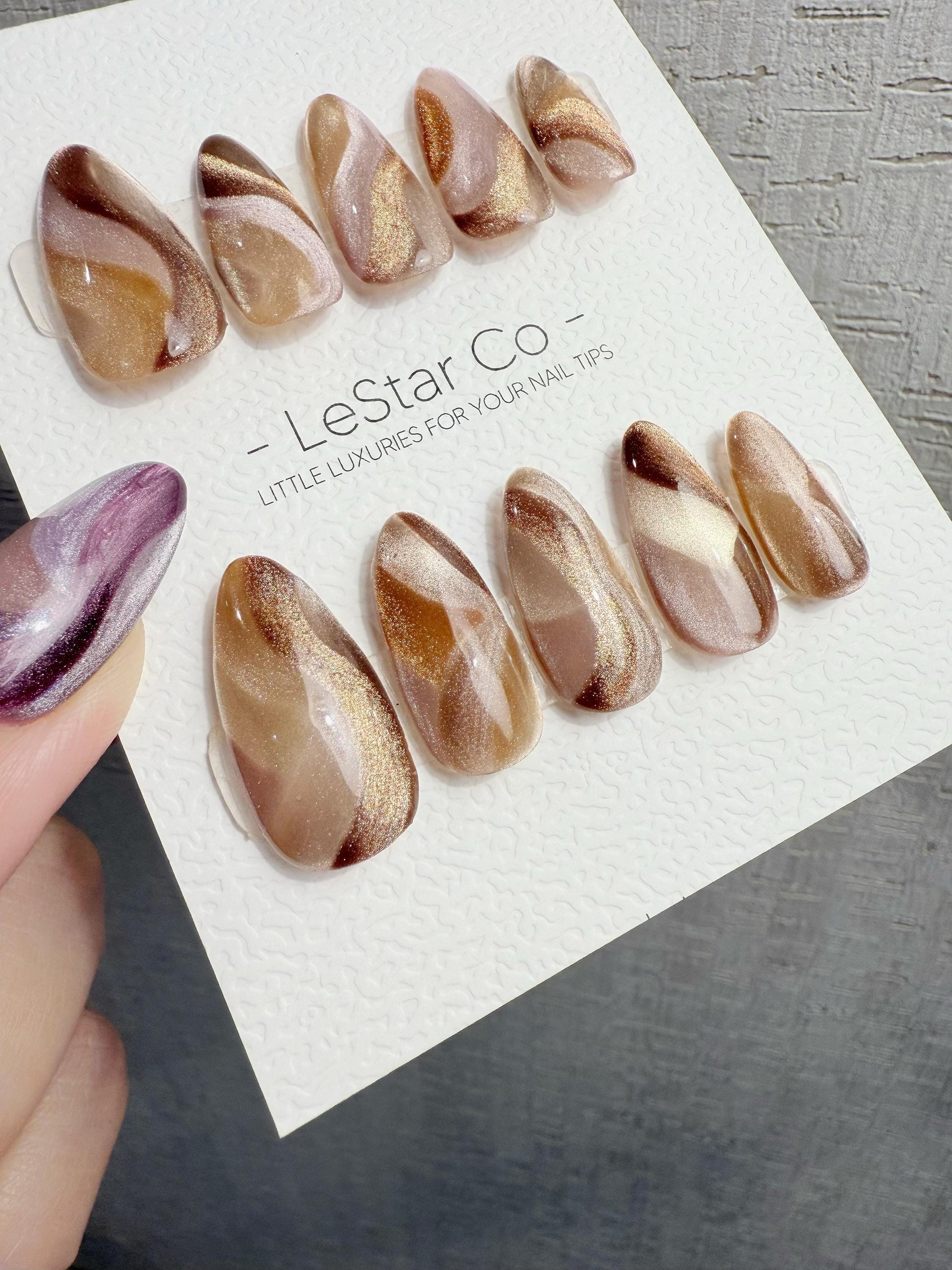 Reusable Brown Beige Cat Eye Swirl | Handmade Press On Gel Nails | 4for3 Timed Offer