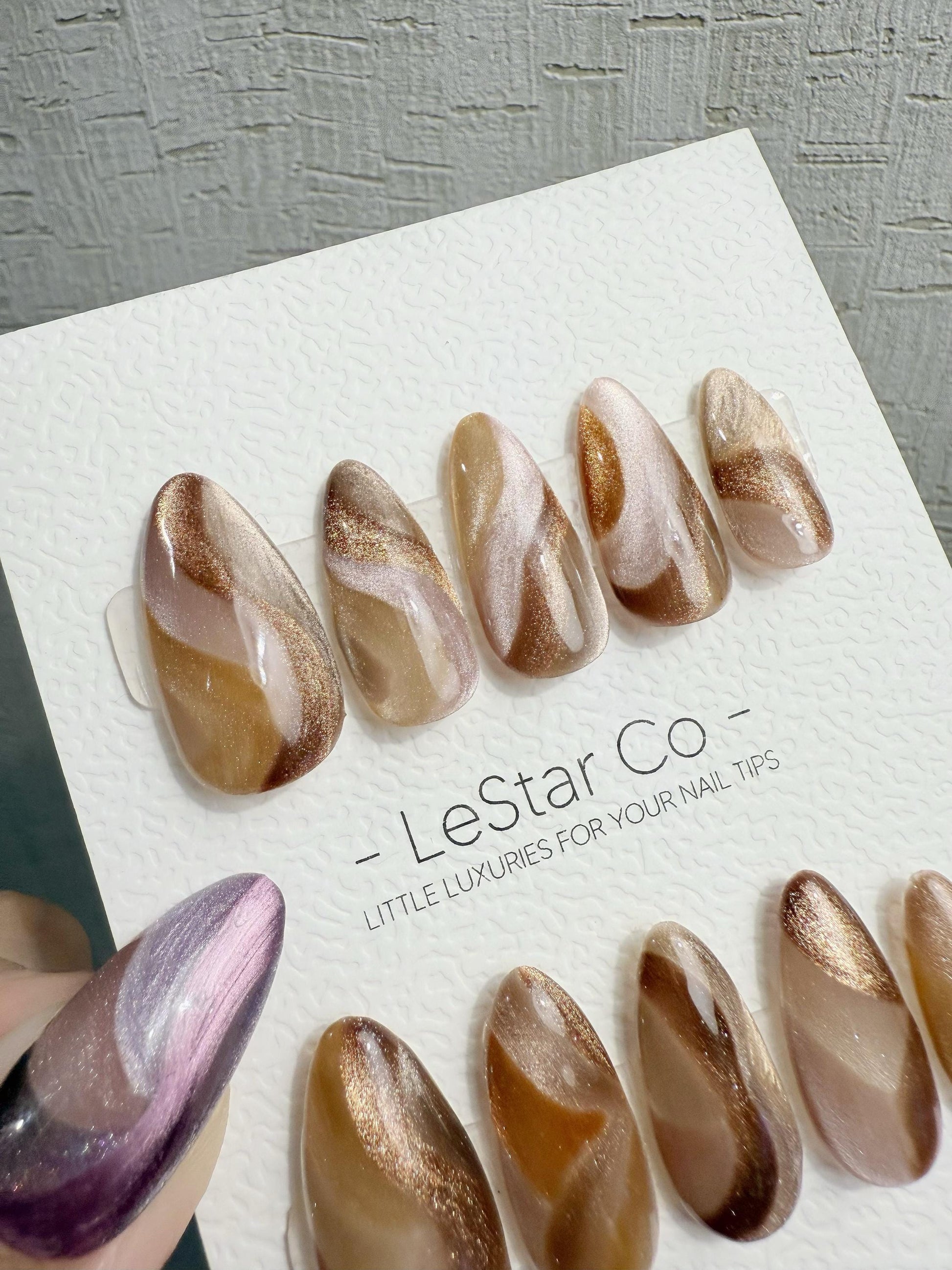 Reusable Brown Beige Cat Eye Swirl | Handmade Press On Gel Nails | 4for3 Timed Offer