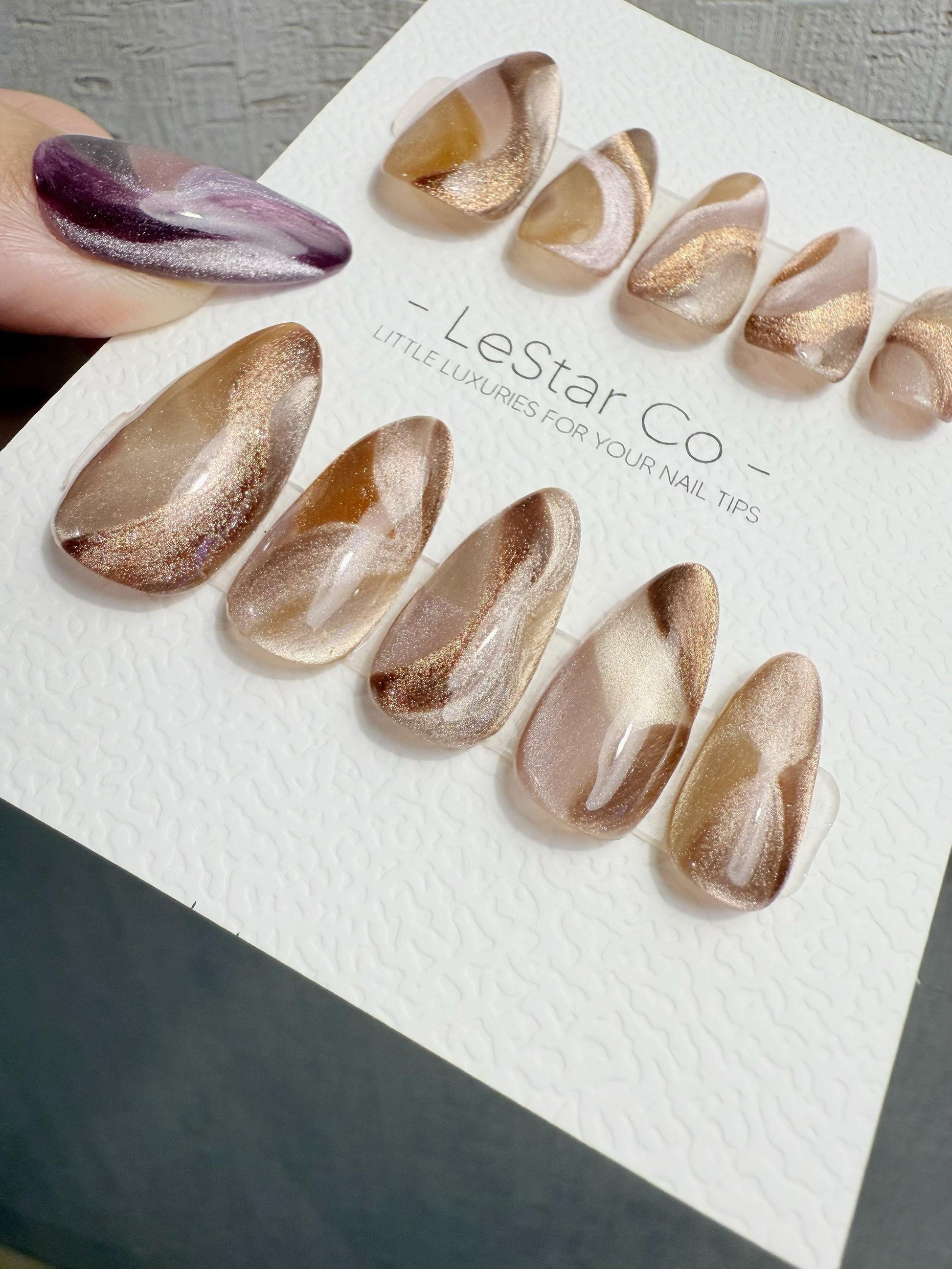 Reusable Brown Beige Cat Eye Swirl | Handmade Press On Gel Nails | 4for3 Timed Offer