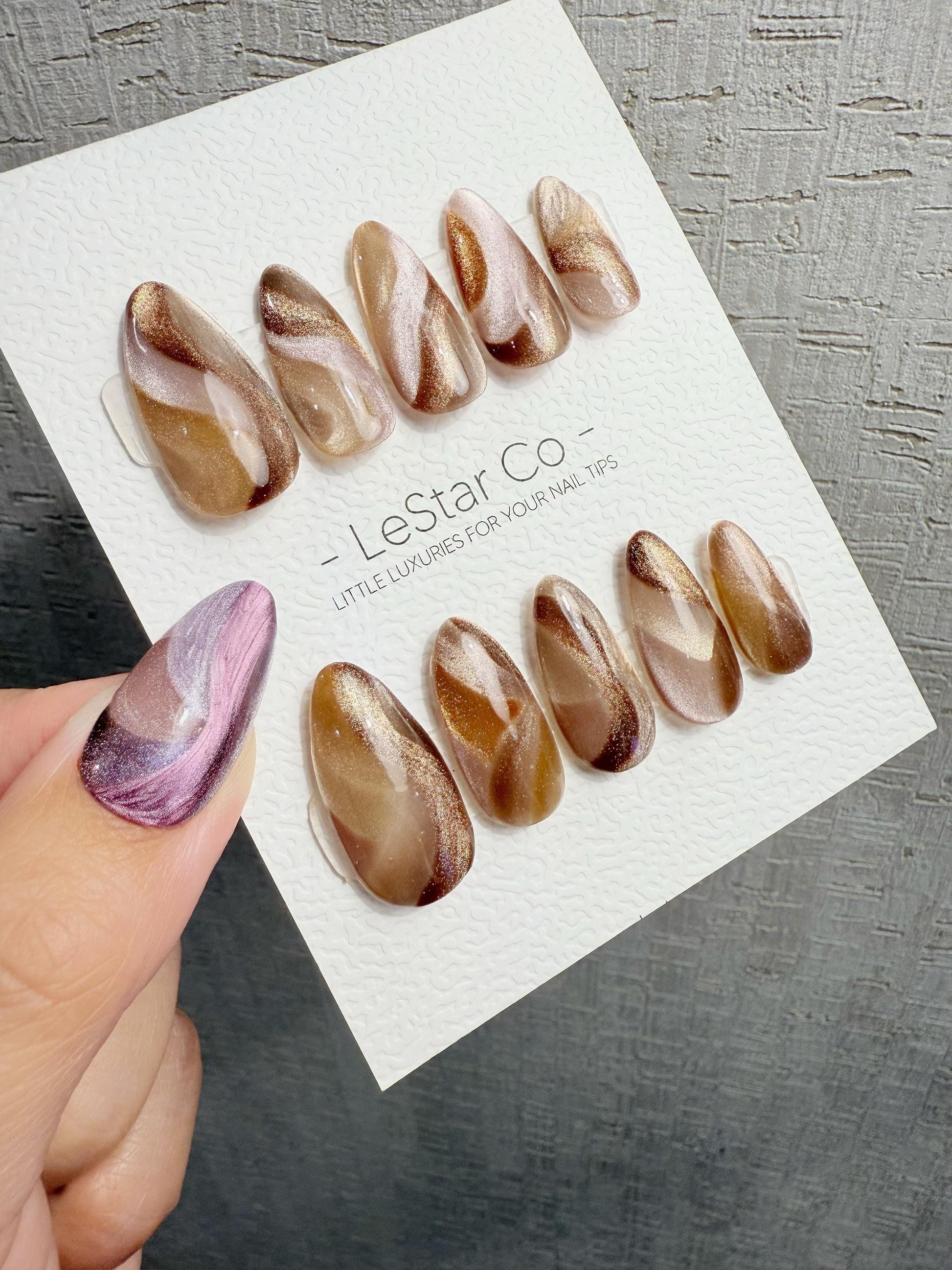 Reusable Brown Beige Cat Eye Swirl | Handmade Press On Gel Nails | 4for3 Timed Offer