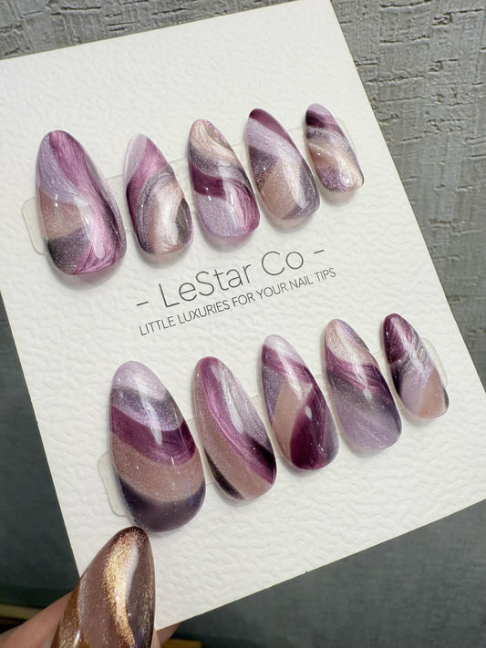 Reusable Amethyst Lilac Cat Eye Swirl | Handmade Press On Gel Nails | 4for3 Timed Offer