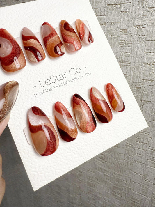 Reusable Wine Red Amber Cat Eye Swirl | Handmade Press On Gel Nails