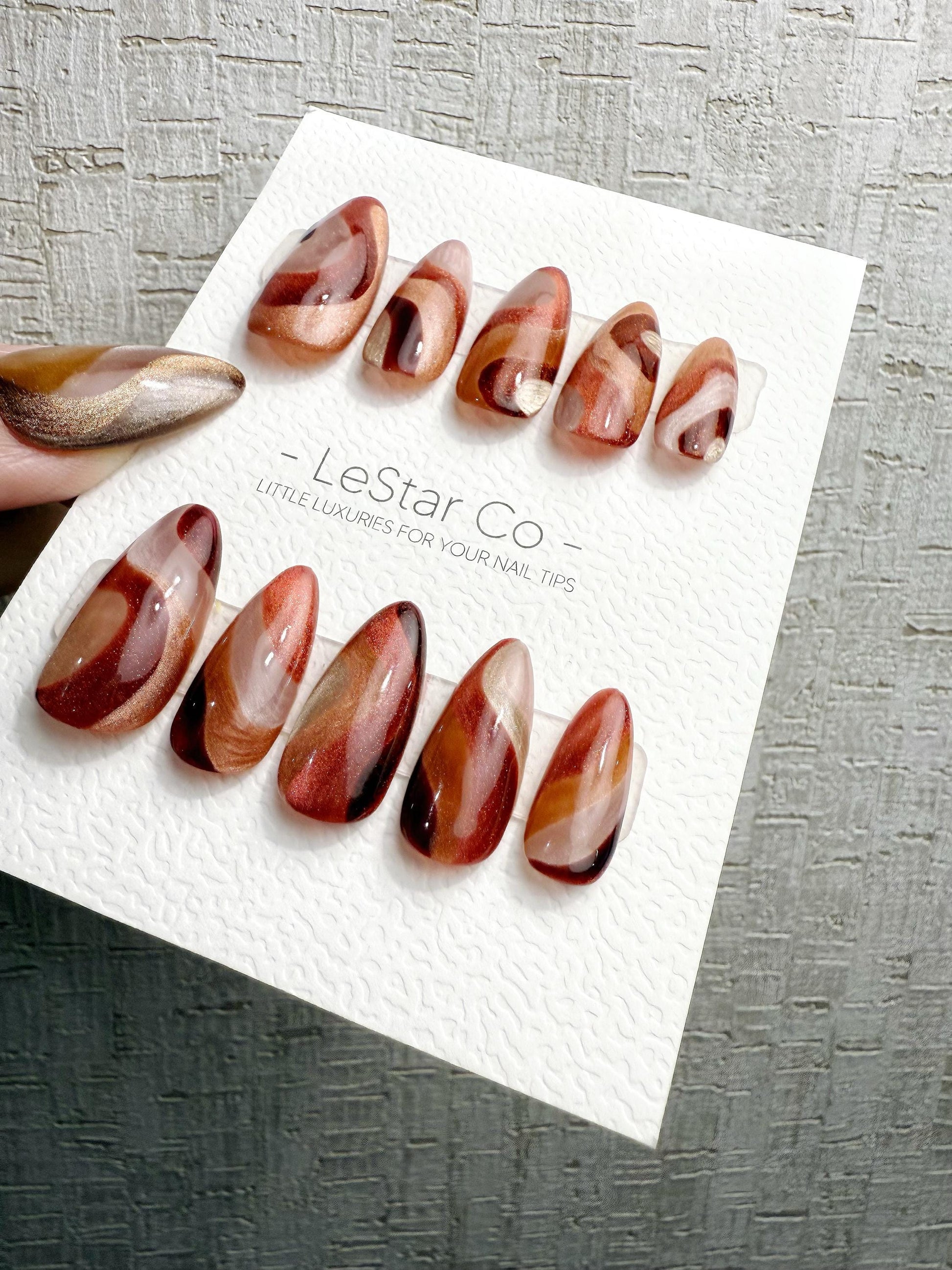 Reusable Wine Red Amber Cat Eye Swirl | Handmade Press On Gel Nails