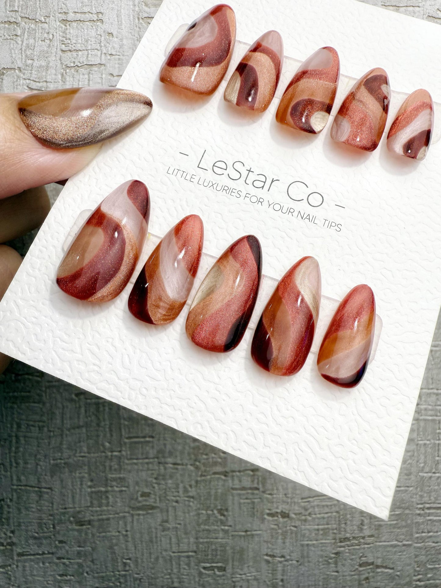 Reusable Wine Red Amber Cat Eye Swirl | Handmade Press On Gel Nails