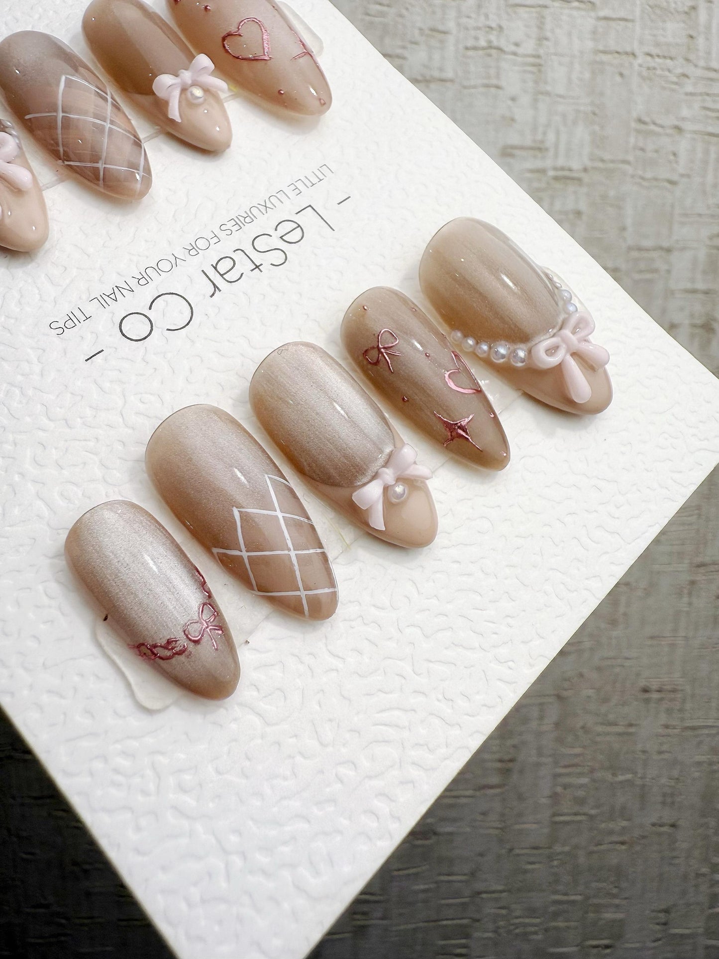 Reusable Nude Beige Pink Bow Cat Eye | Handmade Press On Gel Nails | 4for3 Timed Offer