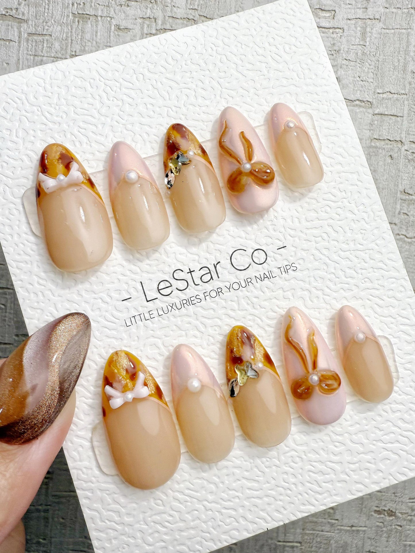 Reusable Nude Amber French 3D Bow | Handmade Press On Gel Nails | 4for3 Timed Offer