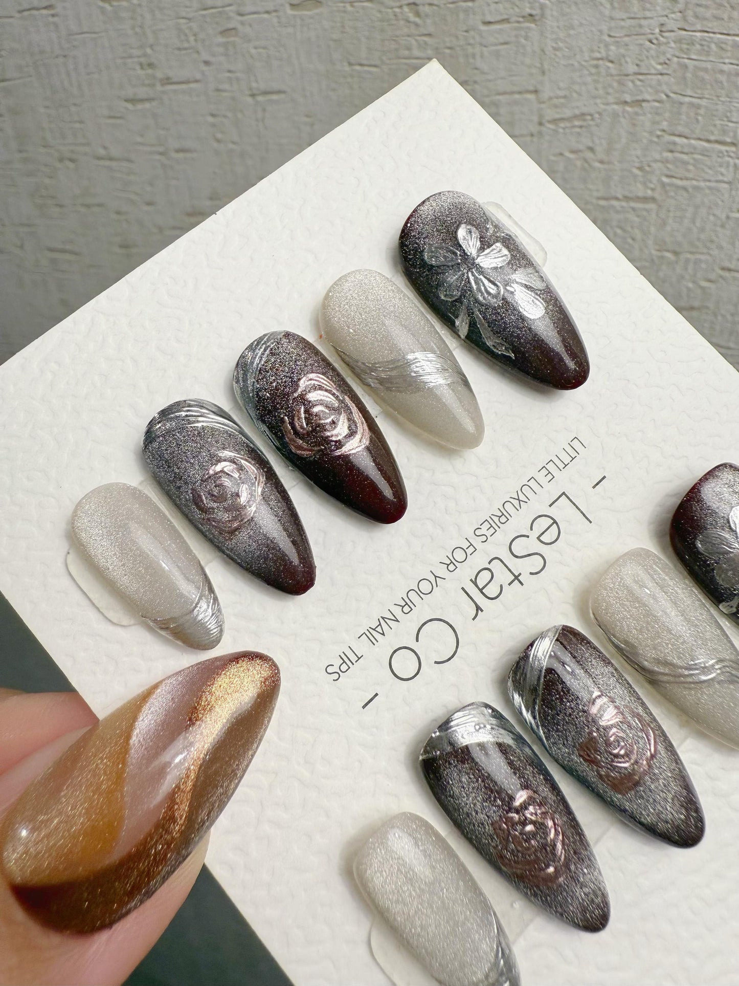 Reusable Burgundy Rose Silver Cat Eye | Handmade Press On Gel Nails | 4for3 Timed Offer