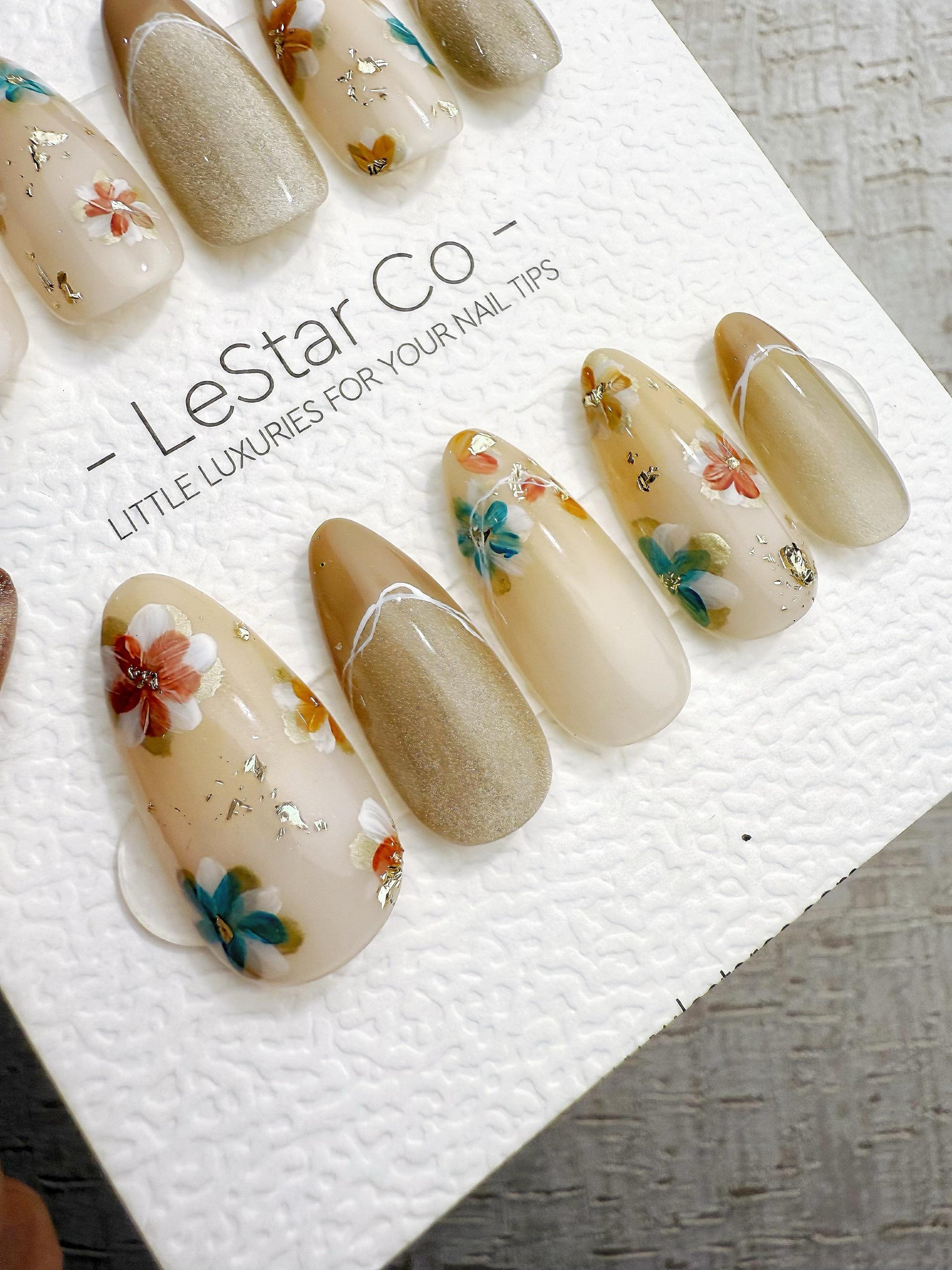 Reusable Nude Latte with Multicolor Flowers | Handmade Press On Gel Nails | 4for3 Timed Offer