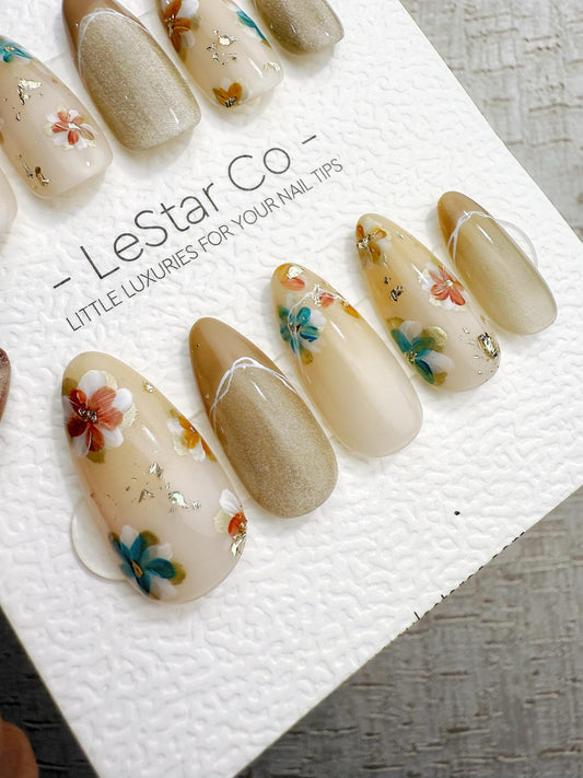 Reusable Nude Latte with Multicolor Flowers | Handmade Press On Gel Nails | 4for3 Timed Offer