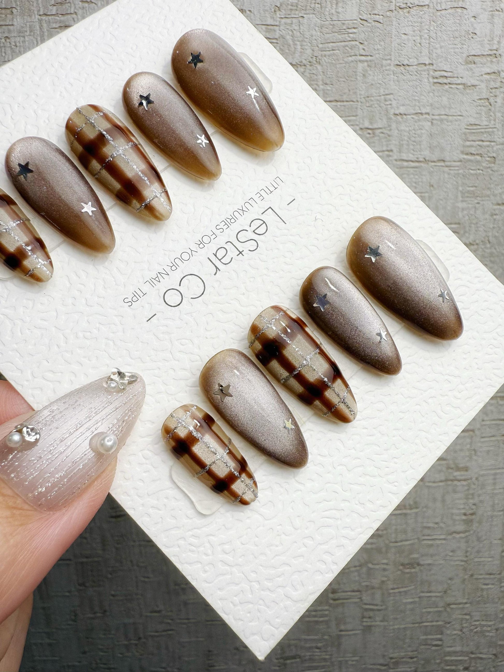 Reusable Mocha Brown Cat Eye Star | Handmade Press On Gel Nails | 4for3 Timed Offer