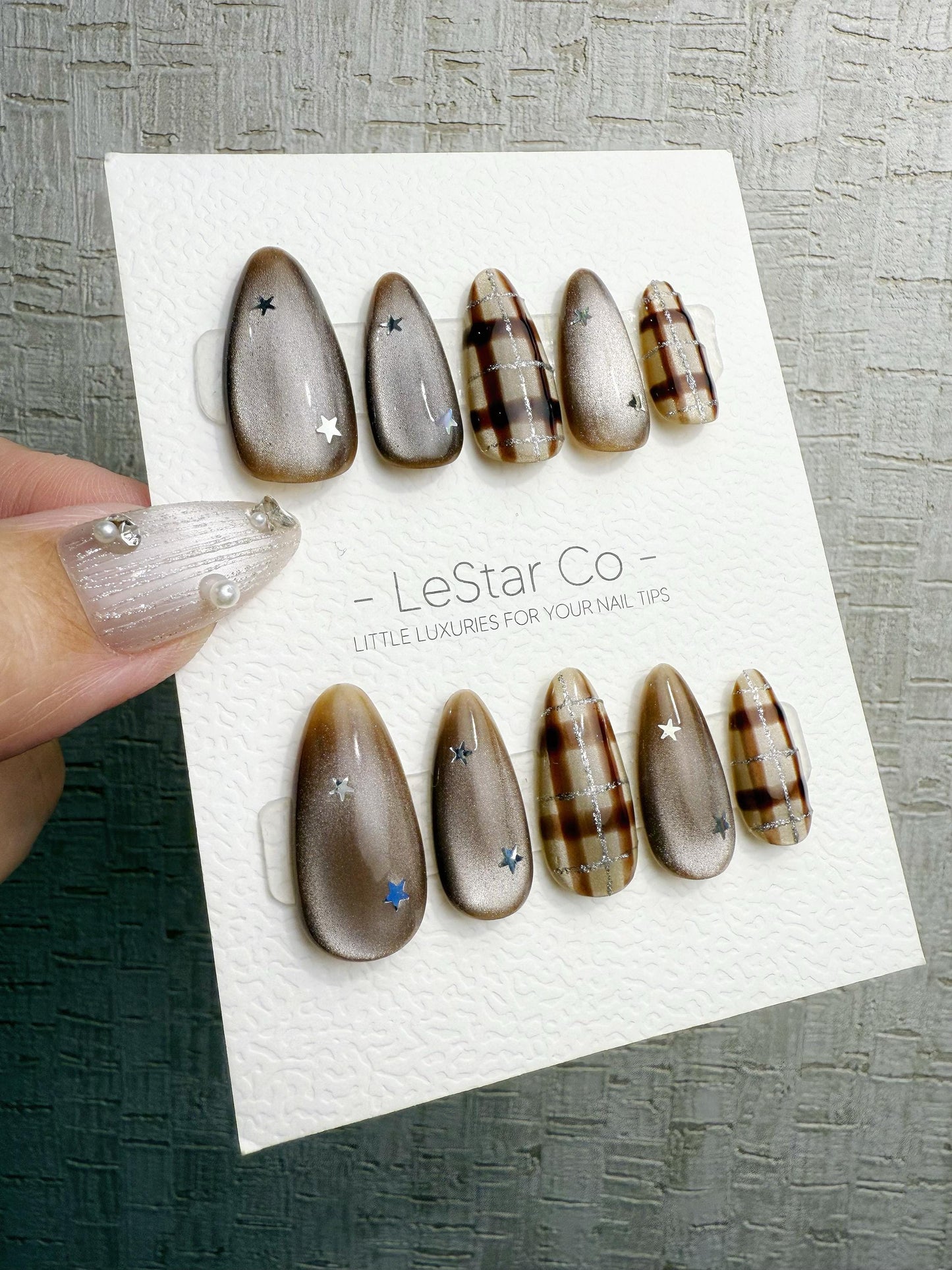 Reusable Mocha Brown Cat Eye Star | Handmade Press On Gel Nails | 4for3 Timed Offer