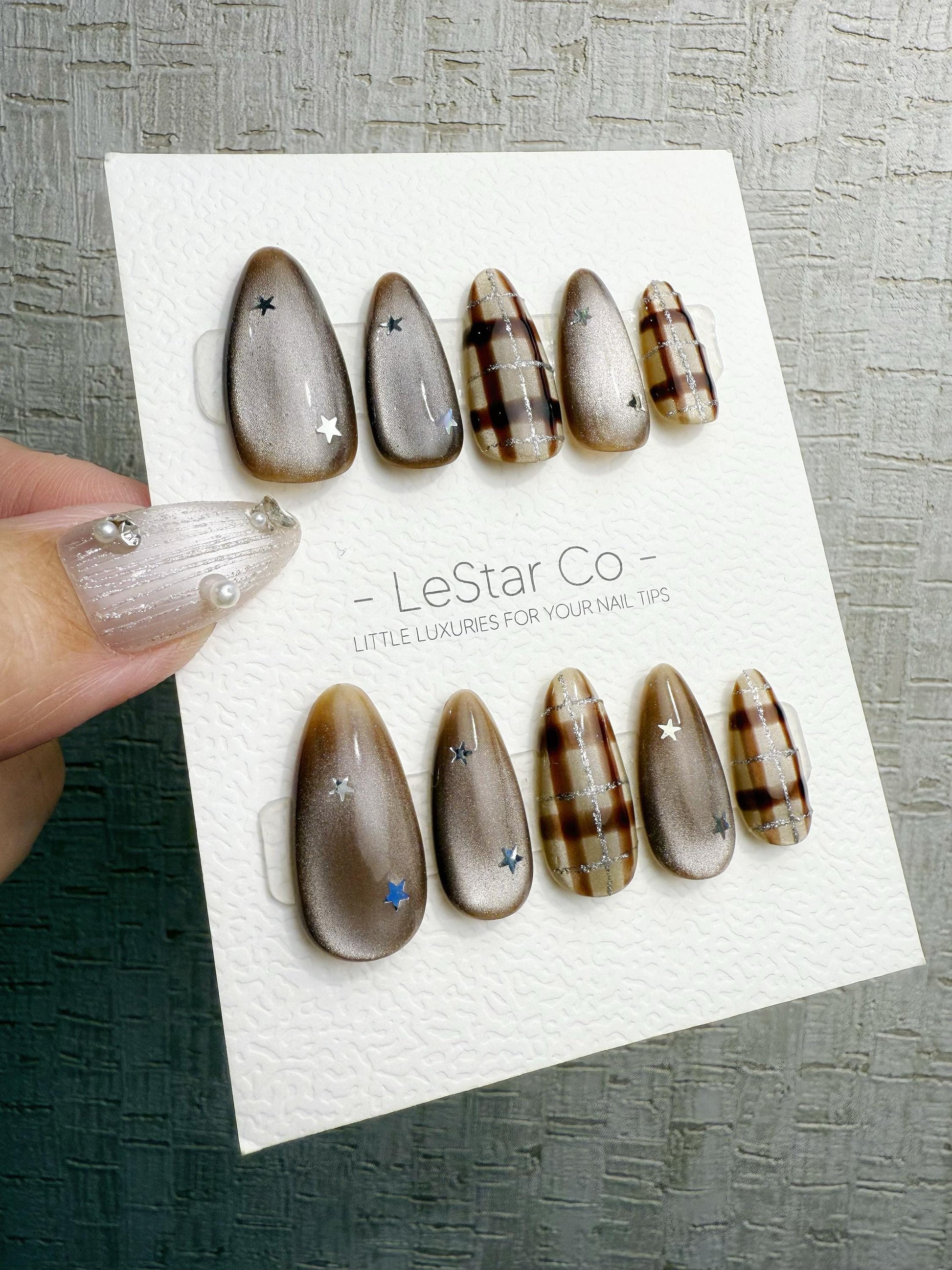 Reusable Mocha Brown Cat Eye Star | Handmade Press On Gel Nails | 4for3 Timed Offer