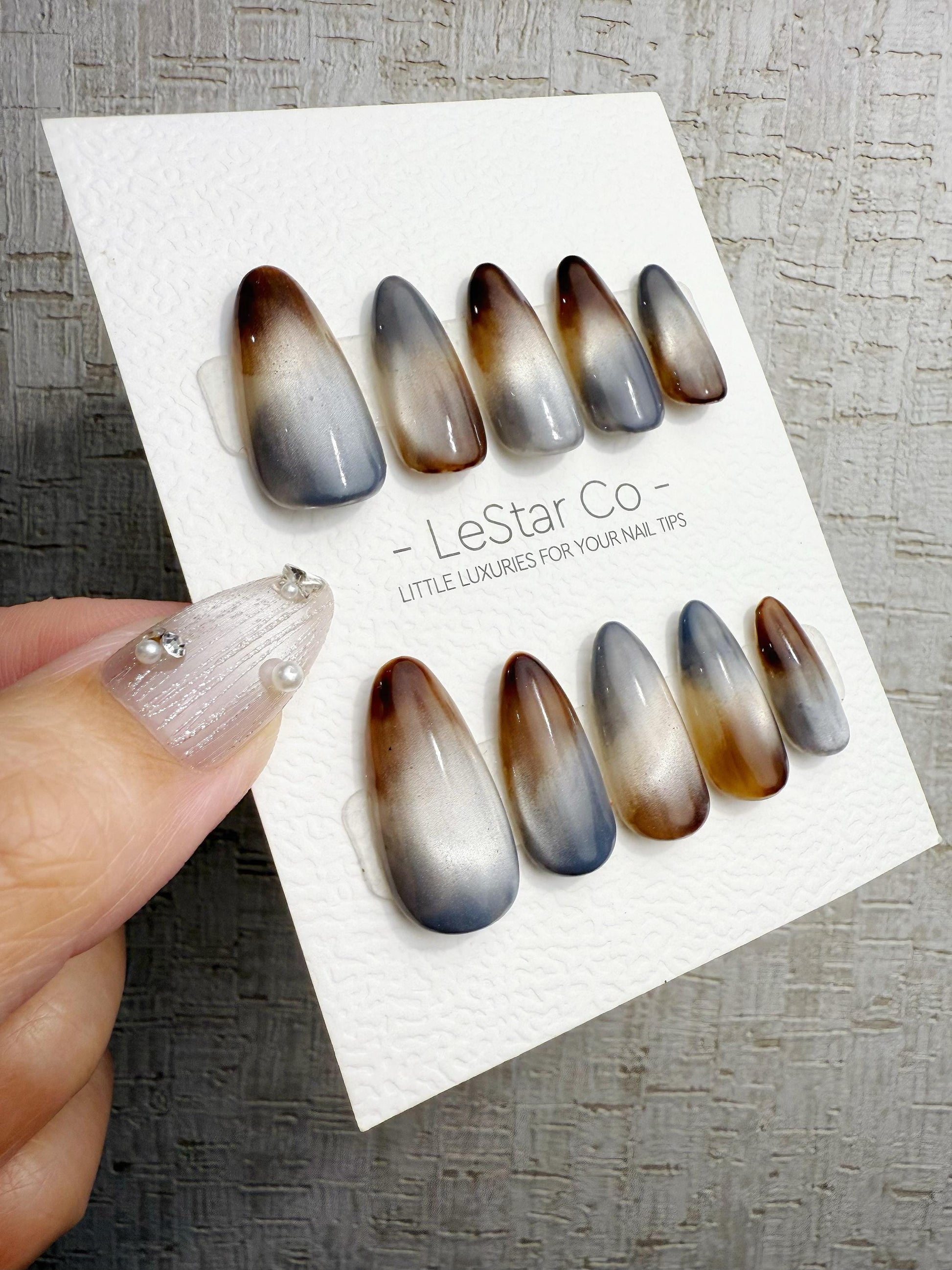 Reusable Grey Blue Brown Gradient | Handmade Press On Gel Nails | 4for3 Timed Offer