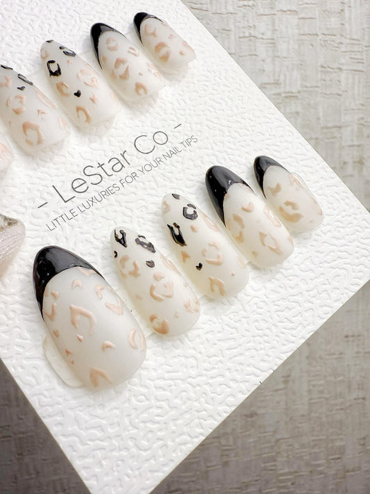 Reusable Pink Leopard Print Black French | Handmade Press On Gel Nails | 4for3 Timed Offer