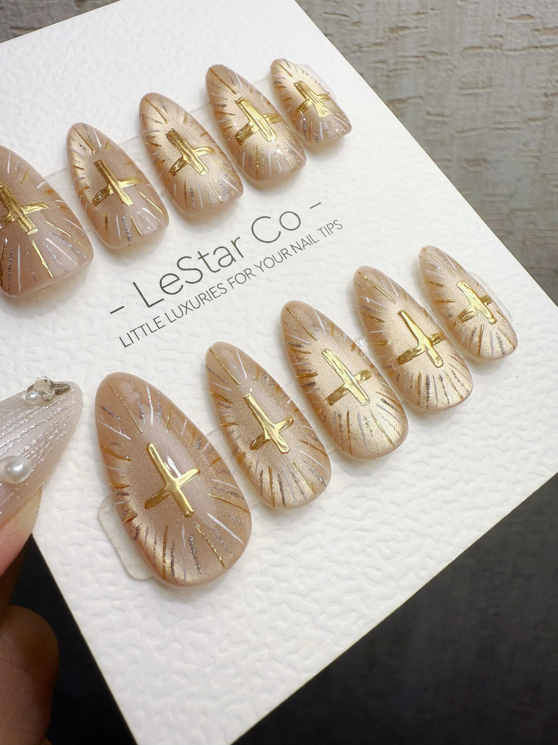 Reusable Gold Cat Eye Gold Cross | Handmade Press On Gel Nails | 4for3 Timed Offer