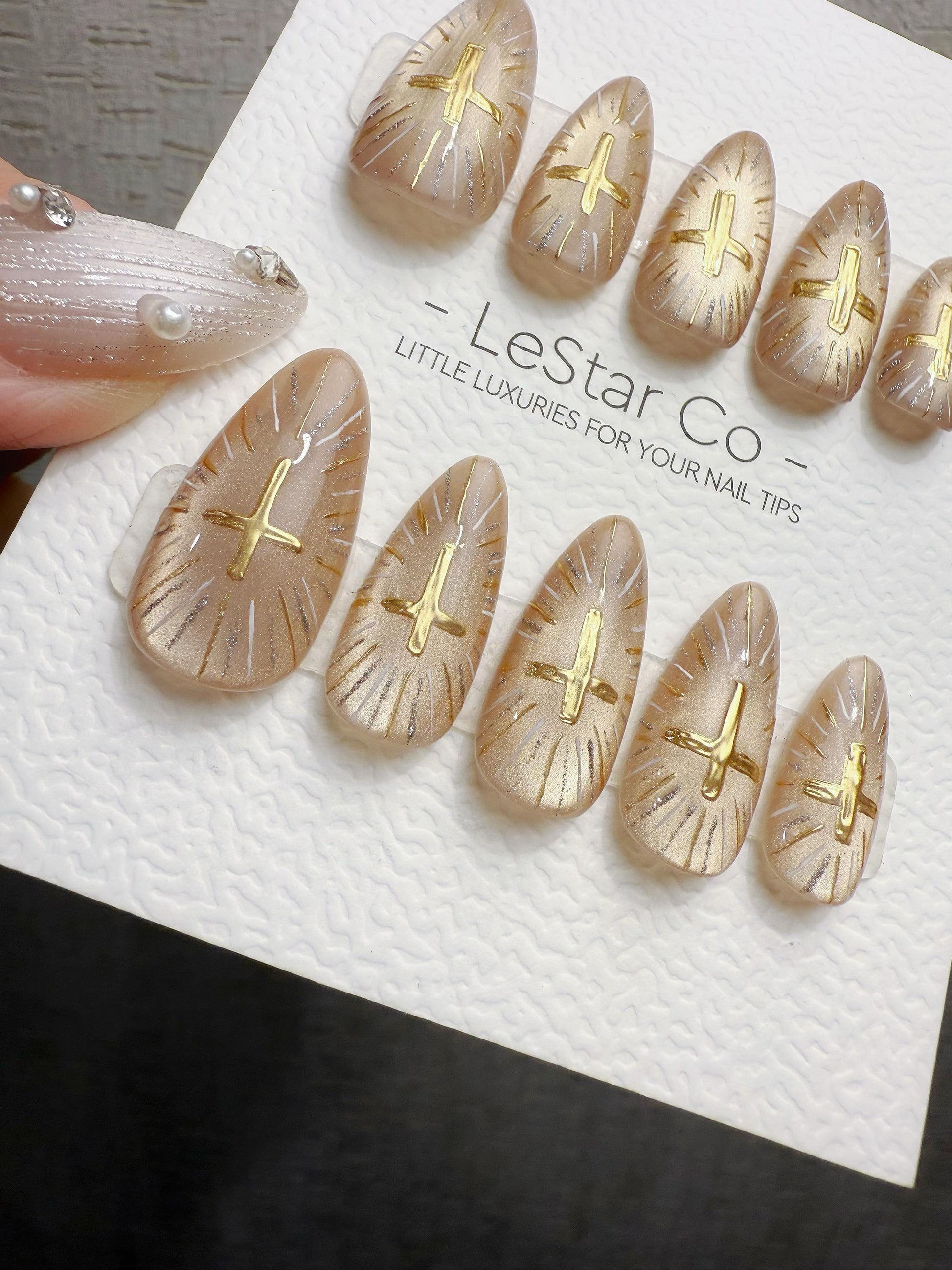 Reusable Gold Cat Eye Gold Cross | Handmade Press On Gel Nails | 4for3 Timed Offer