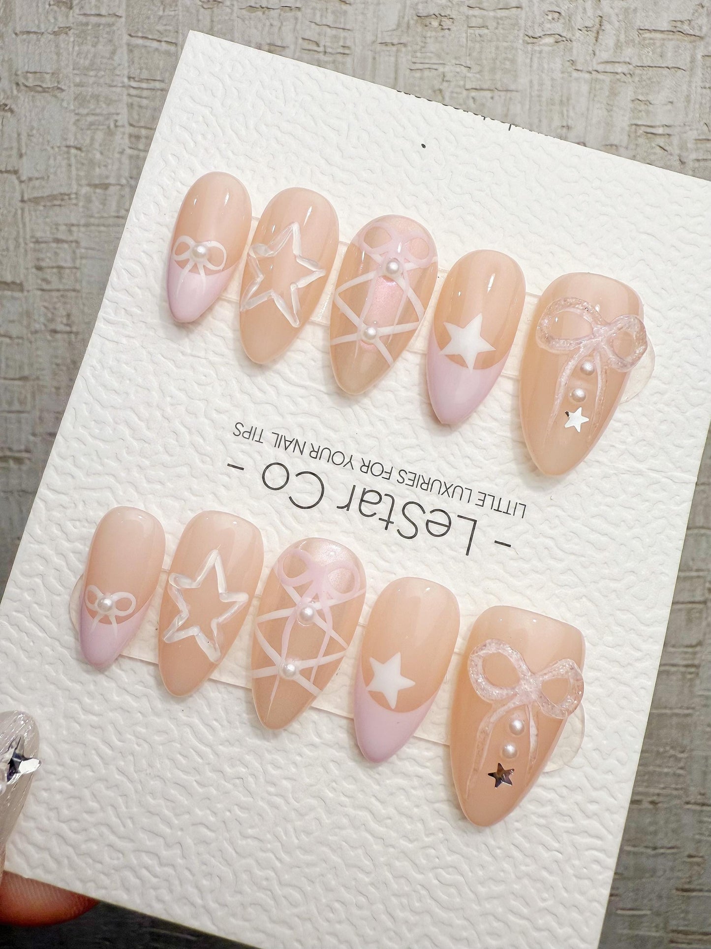 Reusable Milky Star Bow | Handmade Press On Gel Acrylic Nails | 4for3 Timed Offer