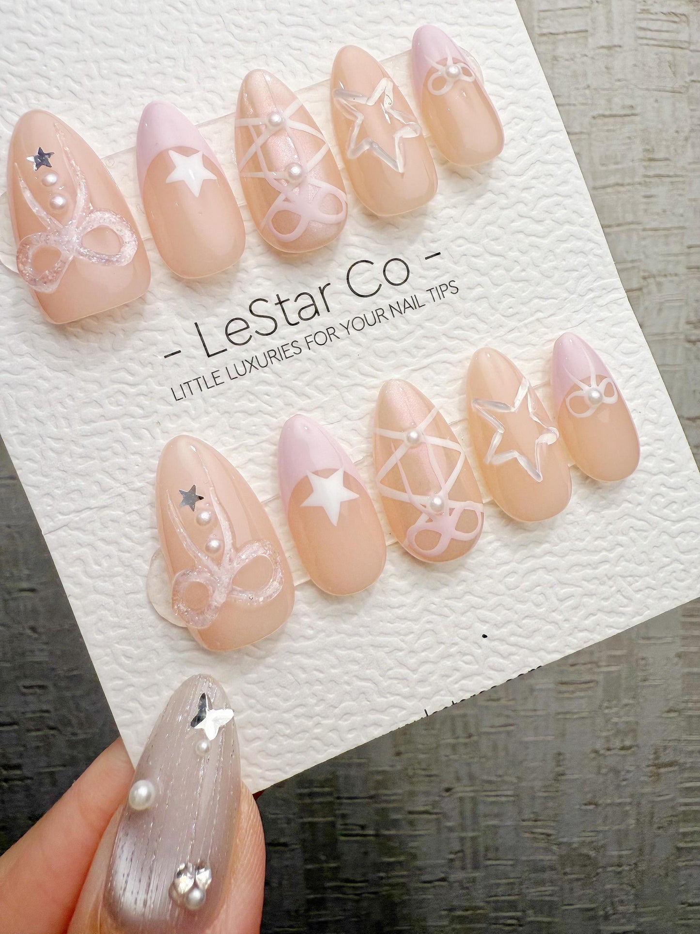 Reusable Milky Star Bow | Handmade Press On Gel Acrylic Nails | 4for3 Timed Offer