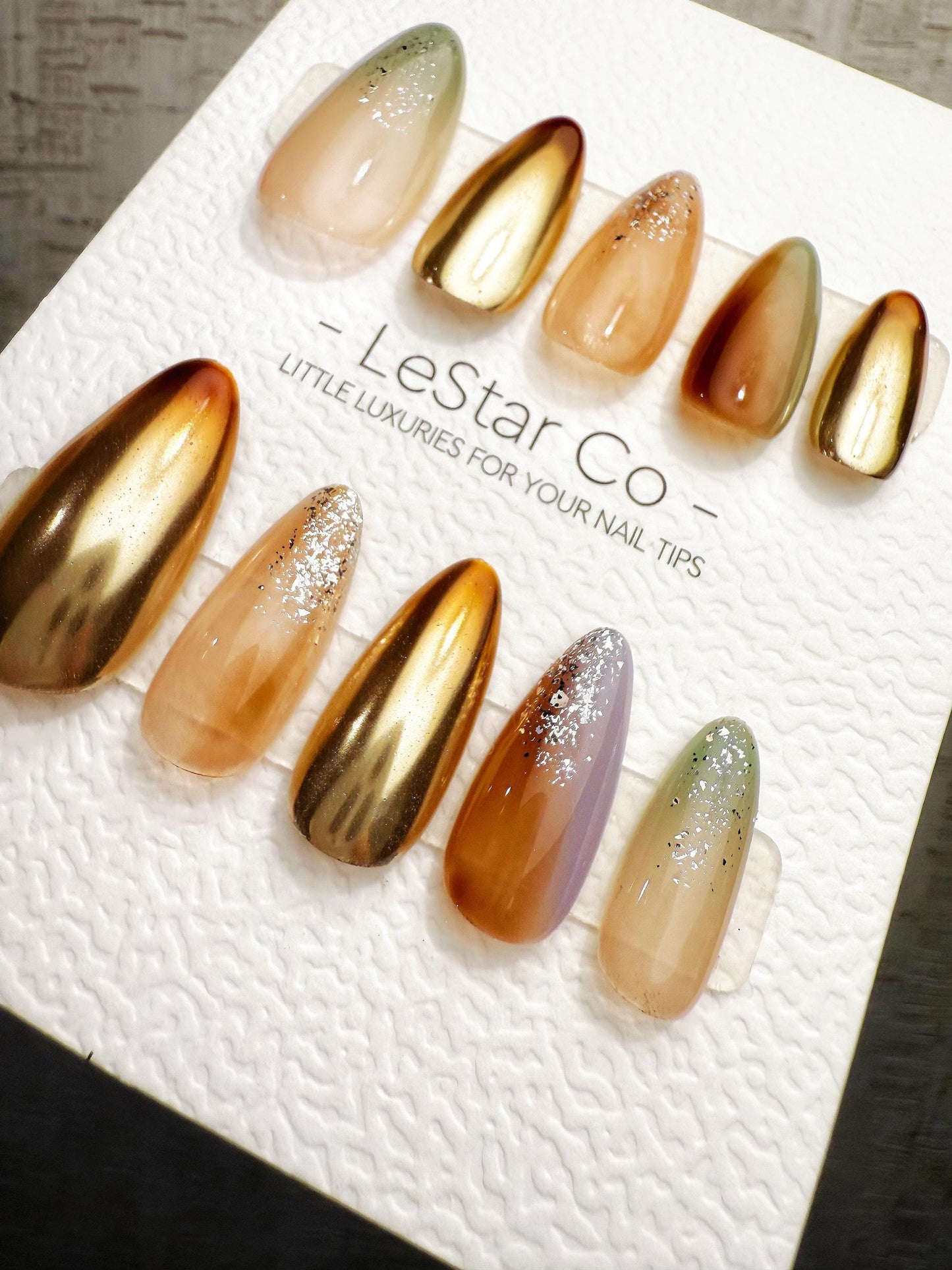 Reusable Sunlit Amber Chrome | Handmade Press On Gel Acrylic Nails | 4for3 Timed Offer