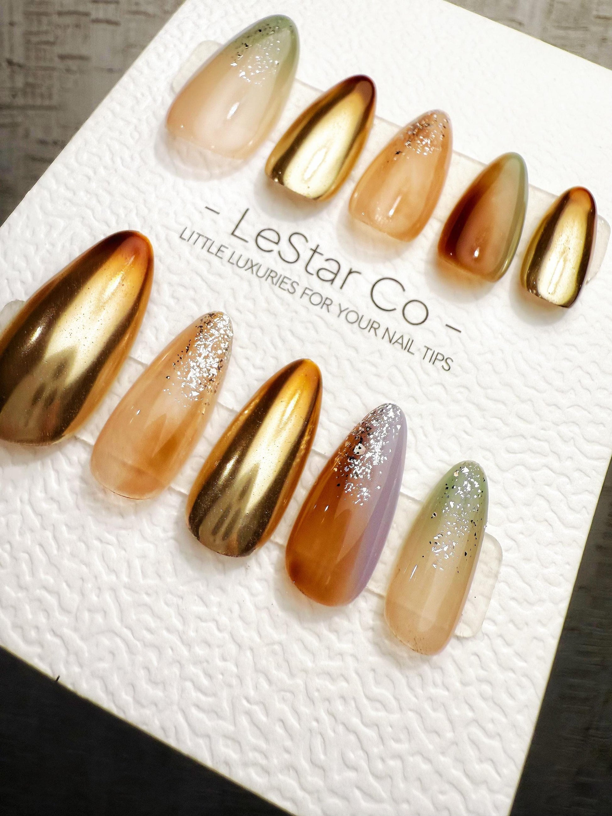 Reusable Sunlit Amber Chrome | Handmade Press On Gel Acrylic Nails | 4for3 Timed Offer