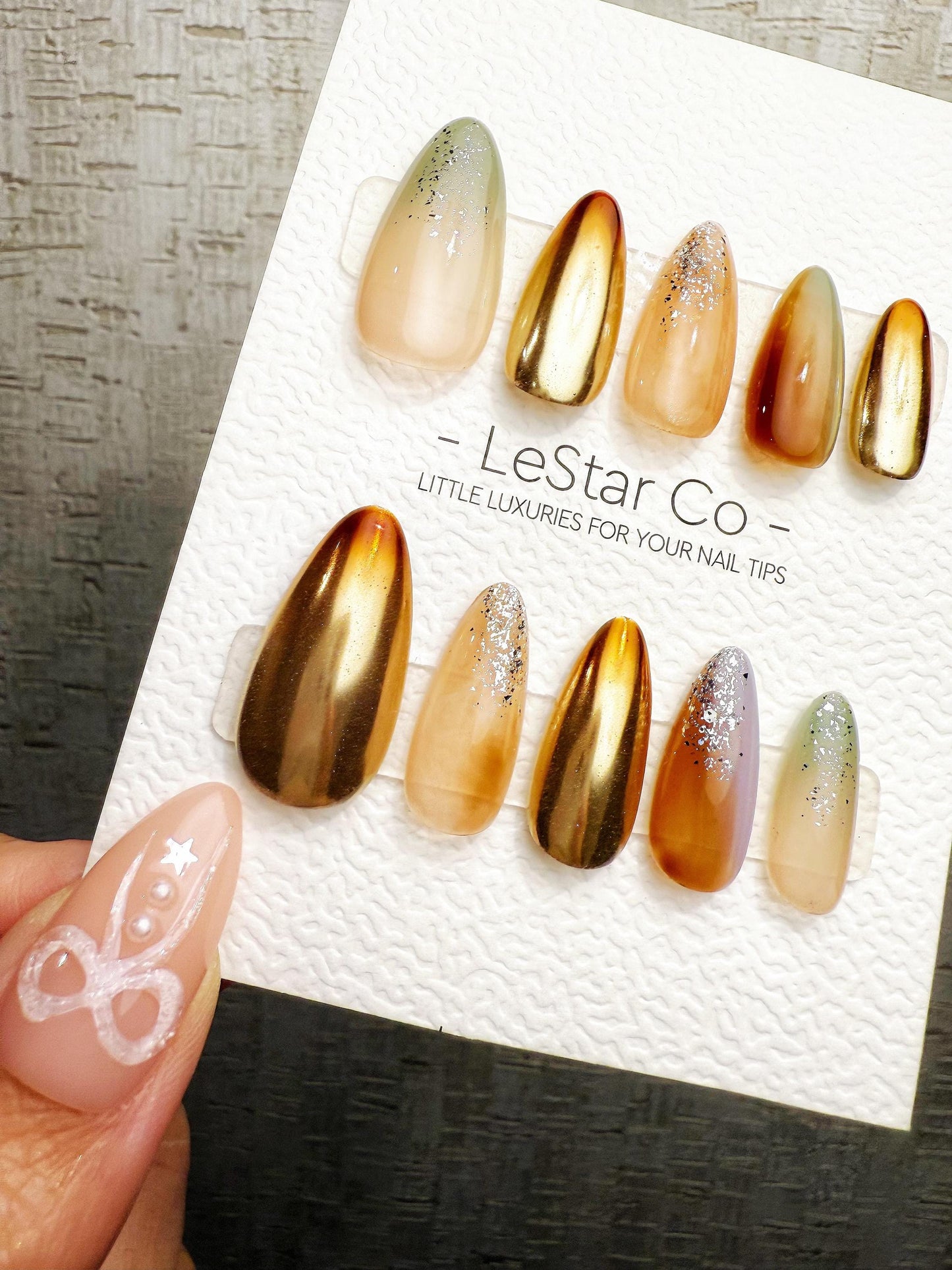 Reusable Sunlit Amber Chrome | Handmade Press On Gel Acrylic Nails | 4for3 Timed Offer