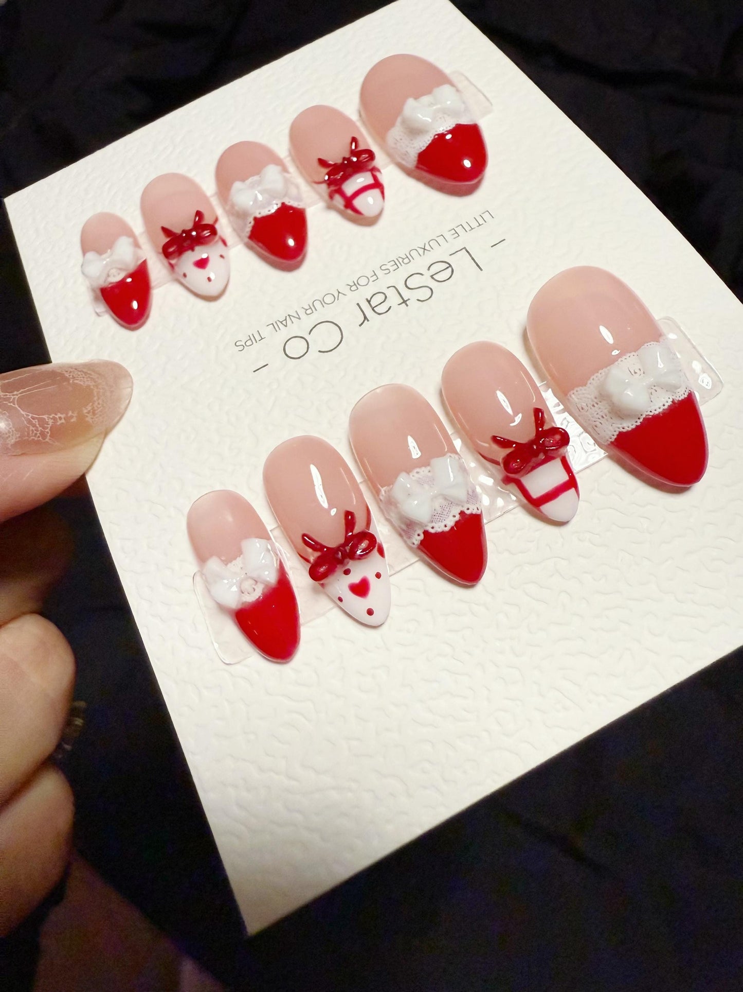 Reusable Cherry Lace Love | Handmade Press On Gel Acrylic Nails | 4for3 Timed Offer