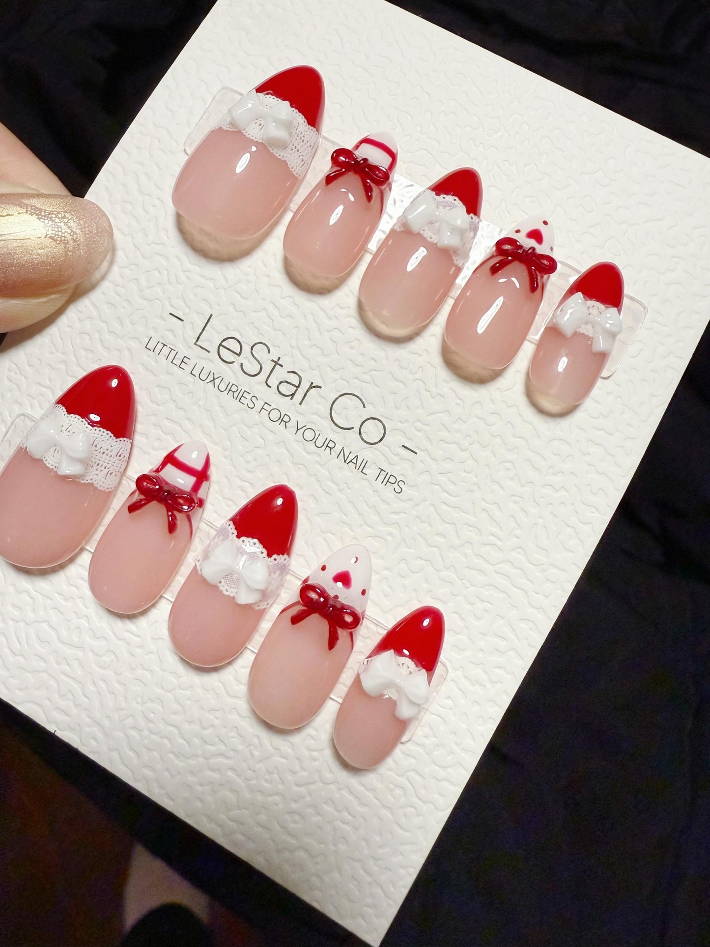 Reusable Cherry Lace Love | Handmade Press On Gel Acrylic Nails | 4for3 Timed Offer