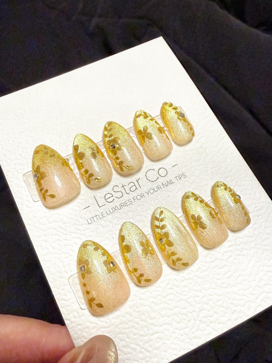 Reusable Golden Petal Veil Cat Eye| Handmade Press On Gel Acrylic Nails | 4for3 Timed Offer