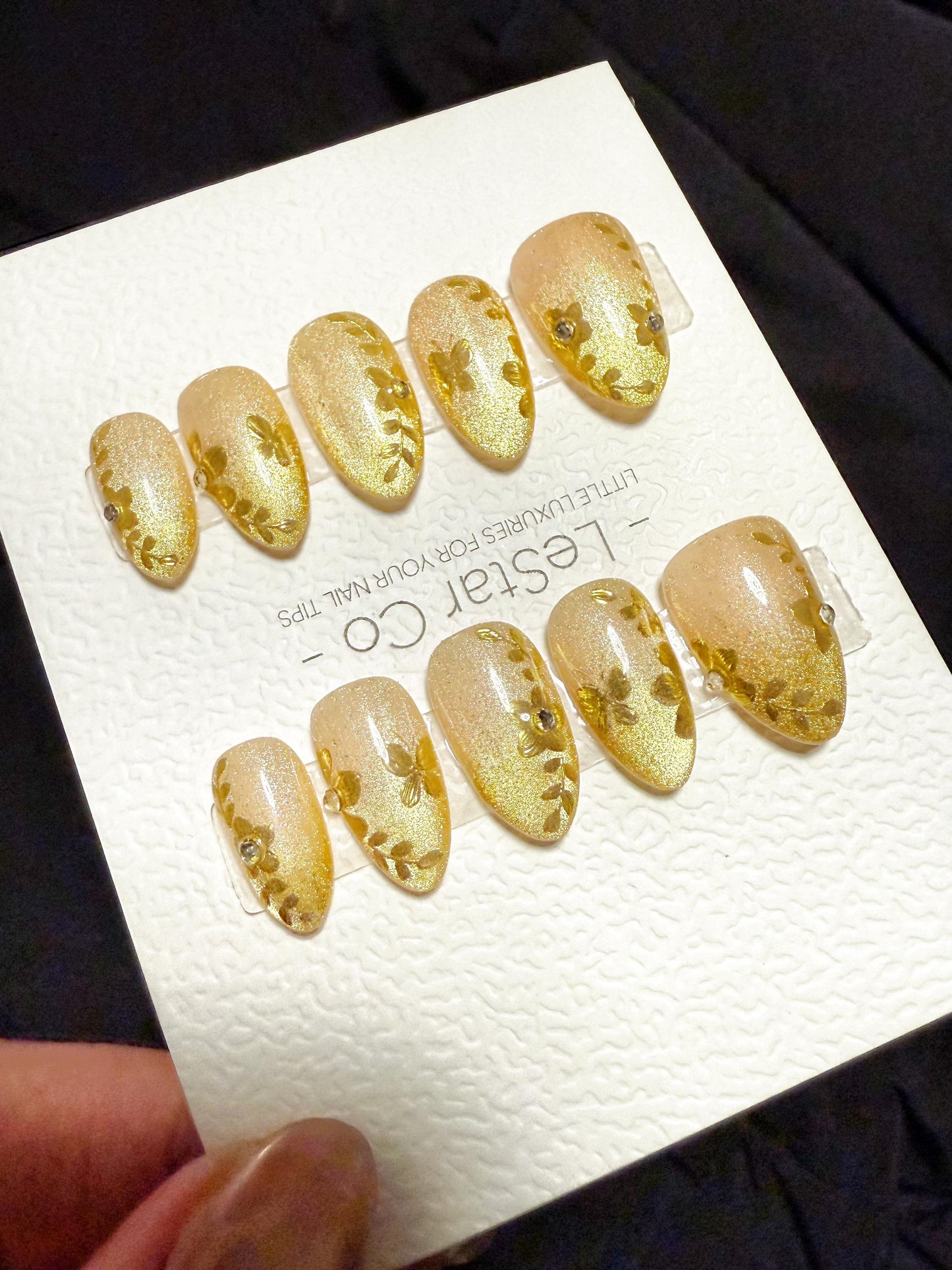 Reusable Golden Petal Veil Cat Eye| Handmade Press On Gel Acrylic Nails | 4for3 Timed Offer