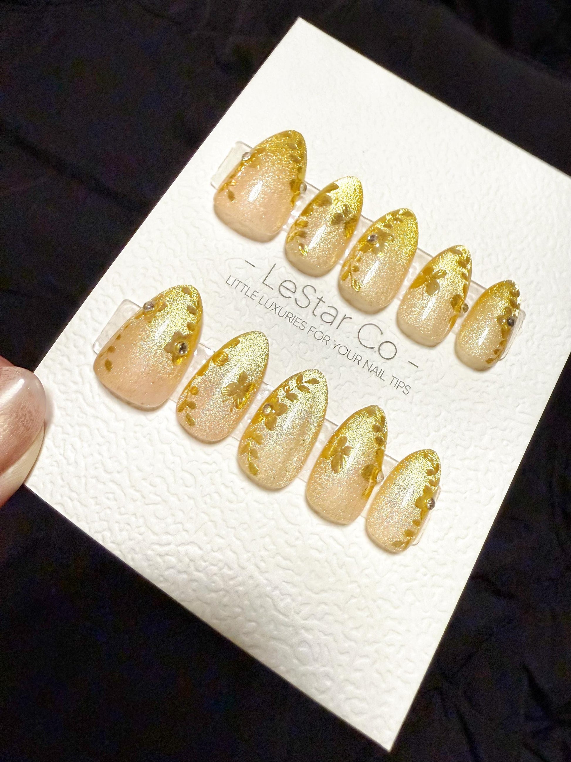 Reusable Golden Petal Veil Cat Eye| Handmade Press On Gel Acrylic Nails | 4for3 Timed Offer