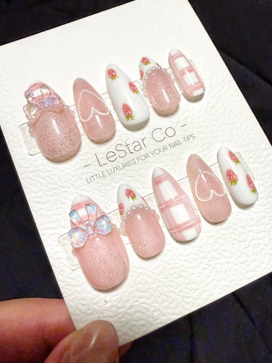 Reusable Strawberry Picnic | Handmade Press On Gel Acrylic Nails | 4for3 Timed Offer
