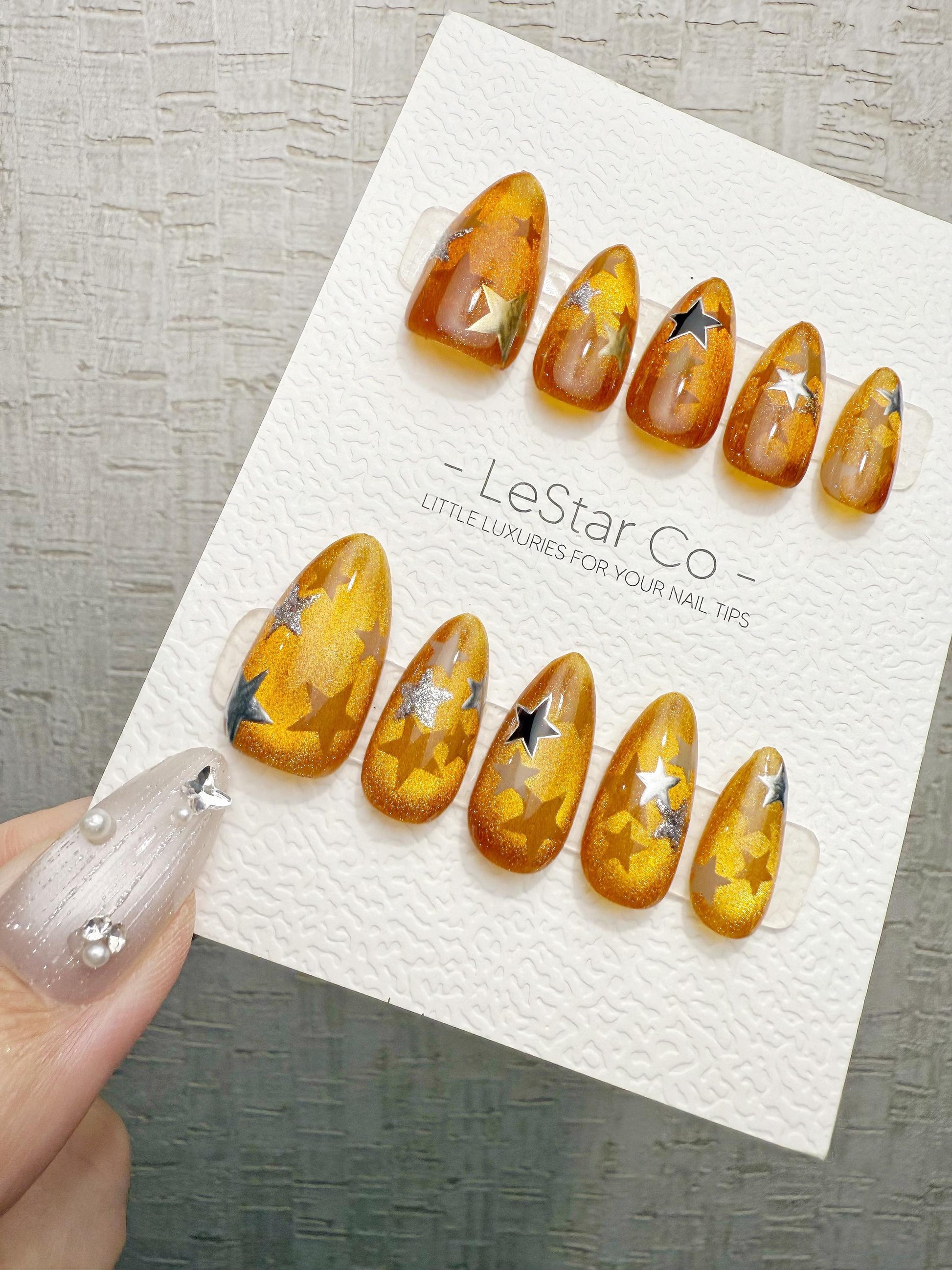 Reusable Amber Starfall | Handmade Press On Gel Acrylic Nails | 4for3 Timed Offer