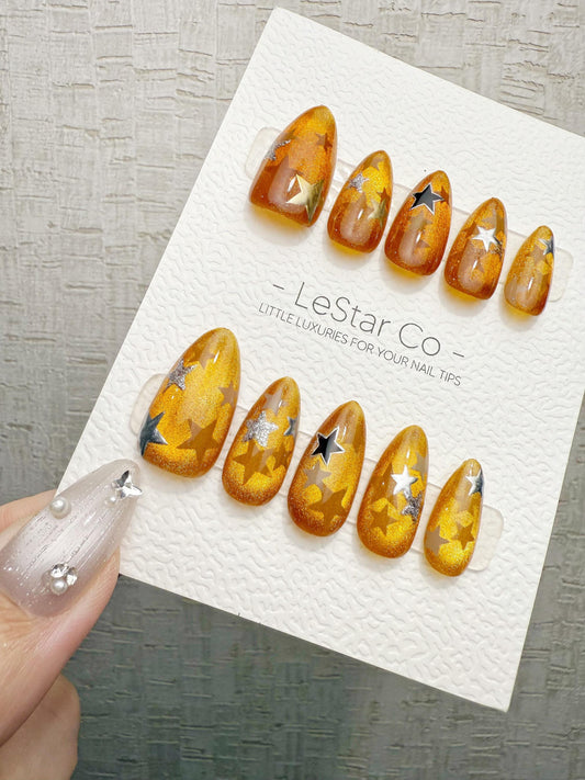 Reusable Amber Starfall | Handmade Press On Gel Acrylic Nails | 4for3 Timed Offer